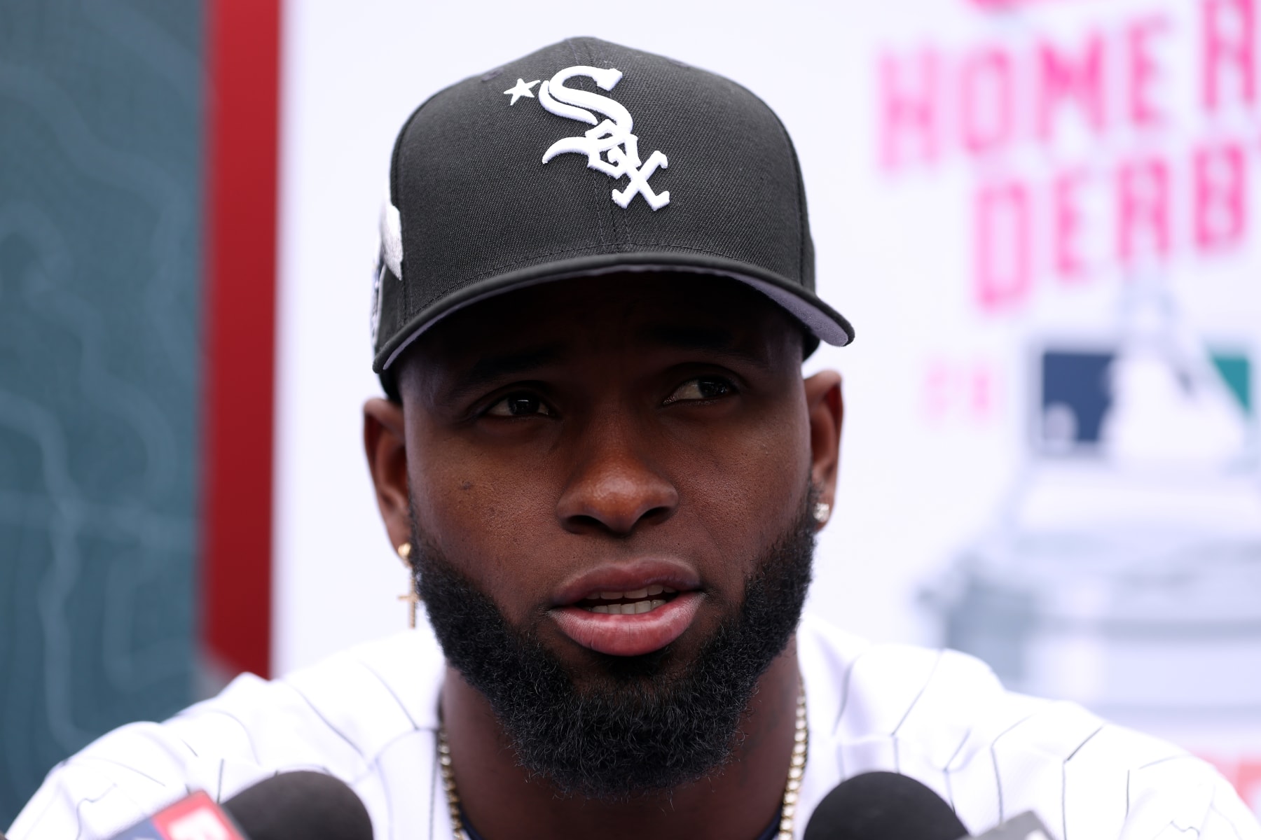 SEATTLE, WASHINGTON - JULY 10: Luis Robert Jr. #88 of the Chicago White Sox speaks to the media during Gatorade All-Star Workout Day at T-Mobile Park on July 10, 2023 in Seattle, Washington. (Photo by Steph Chambers/Getty Images)