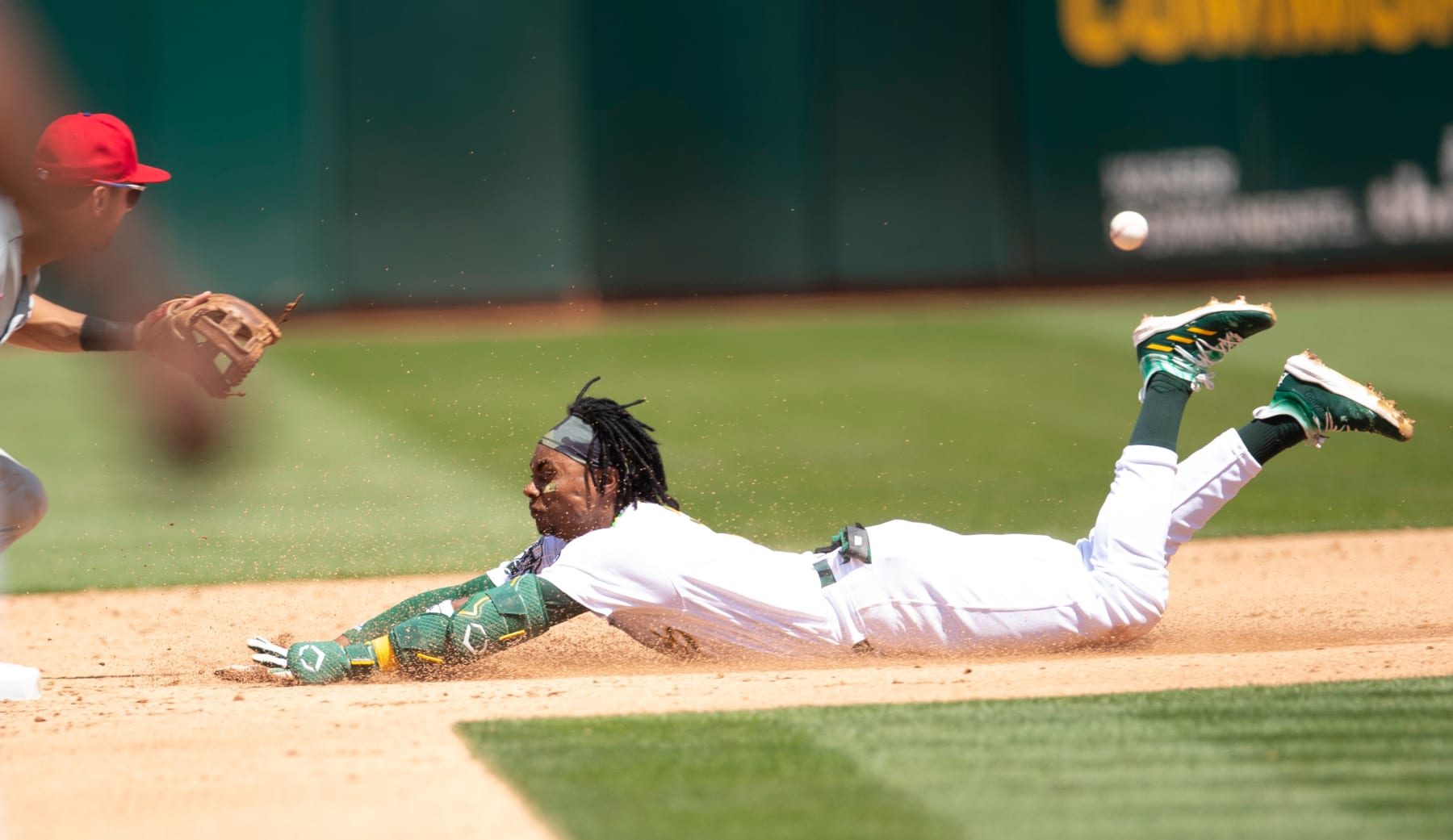 OAKLAND, CA - JUNE 17: Esteury Ruiz #1 of the Oakland Athletics slides into second during the game against the Philadelphia Phillies at RingCentral Coliseum on June 17, 2023 in Oakland, California. The Phillies defeated the Athletics 3-2. (Photo by Michael Zagaris/Oakland Athletics/Getty Images)