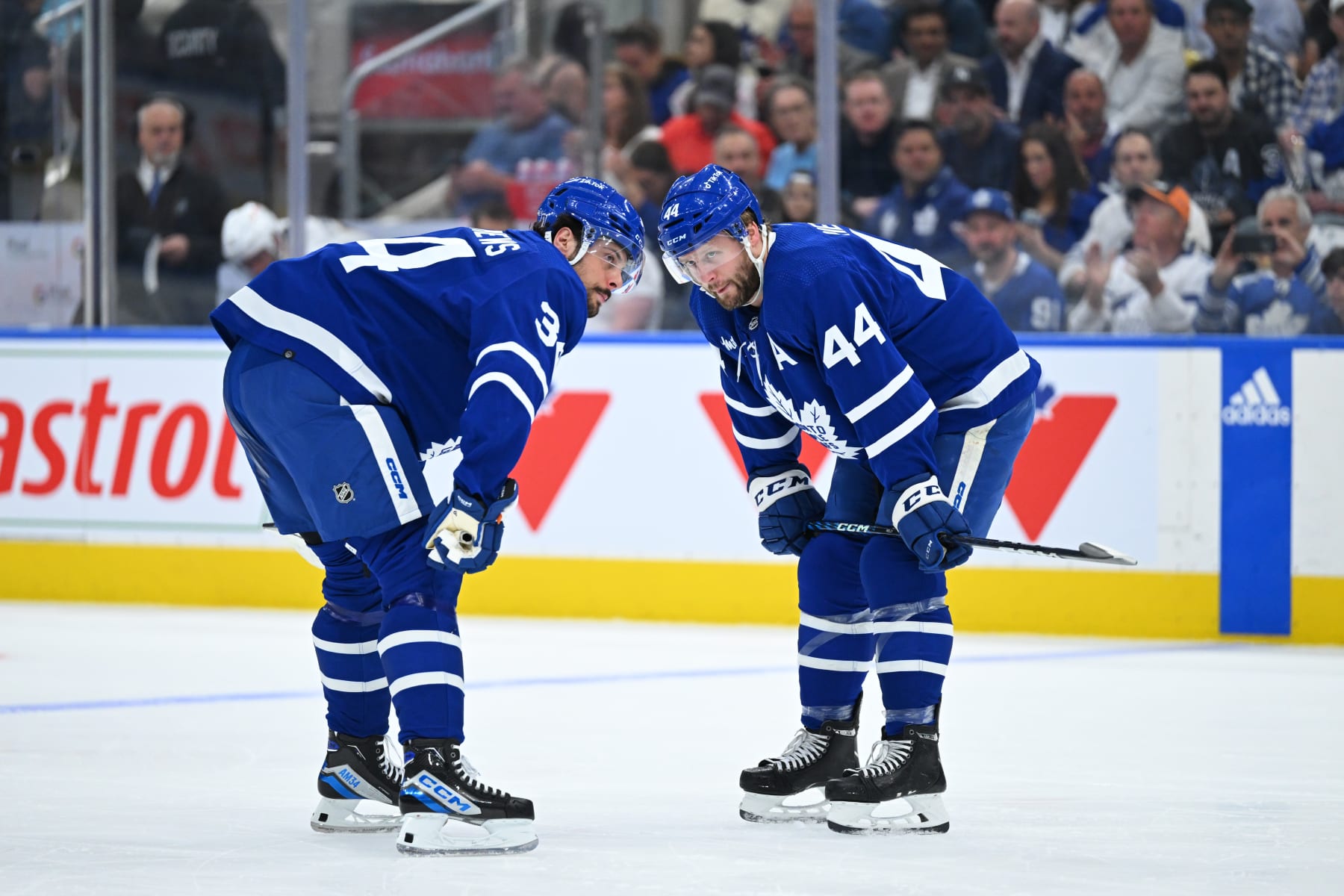TORONTO, ON - MAY 12: Toronto Maple Leafs center Auston Matthews (34) and Toronto Maple Leafs defenseman Morgan Rielly (44) talk prior to their first power play during the first period of game 5 in the Eastern Conference Second Round between the Florida Panthers and the Toronto Maple Leafs on May 12, 2023, at Scotiabank Arena in Toronto, ON, Canada. (Photo by Gavin Napier/Icon Sportswire via Getty Images)