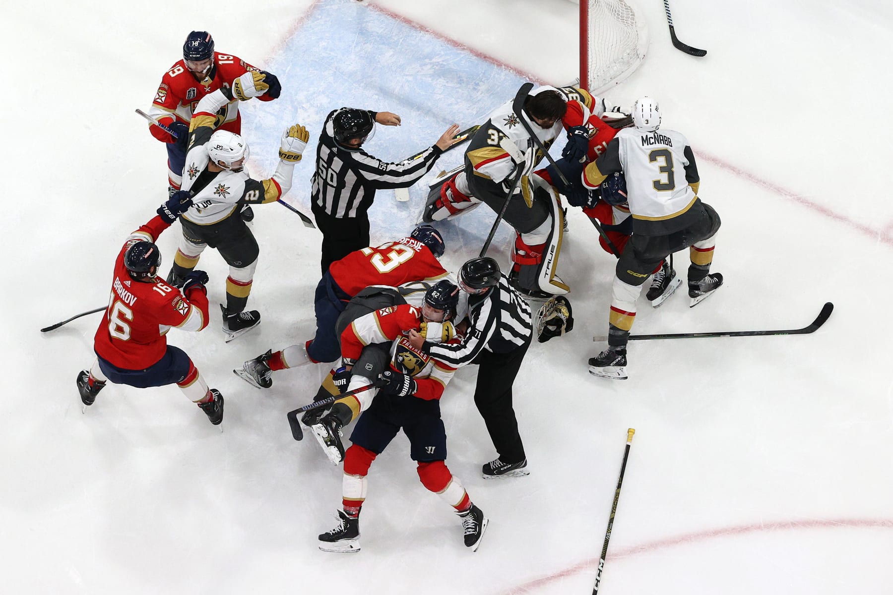 SUNRISE, FLORIDA - JUNE 10:  The Florida Panthers and Vegas Golden Knights fight following the Knights 3-2 win against the Panthers in Game Four of the 2023 NHL Stanley Cup Final at FLA Live Arena on June 10, 2023 in Sunrise, Florida. (Photo by Patrick Smith/Getty Images)