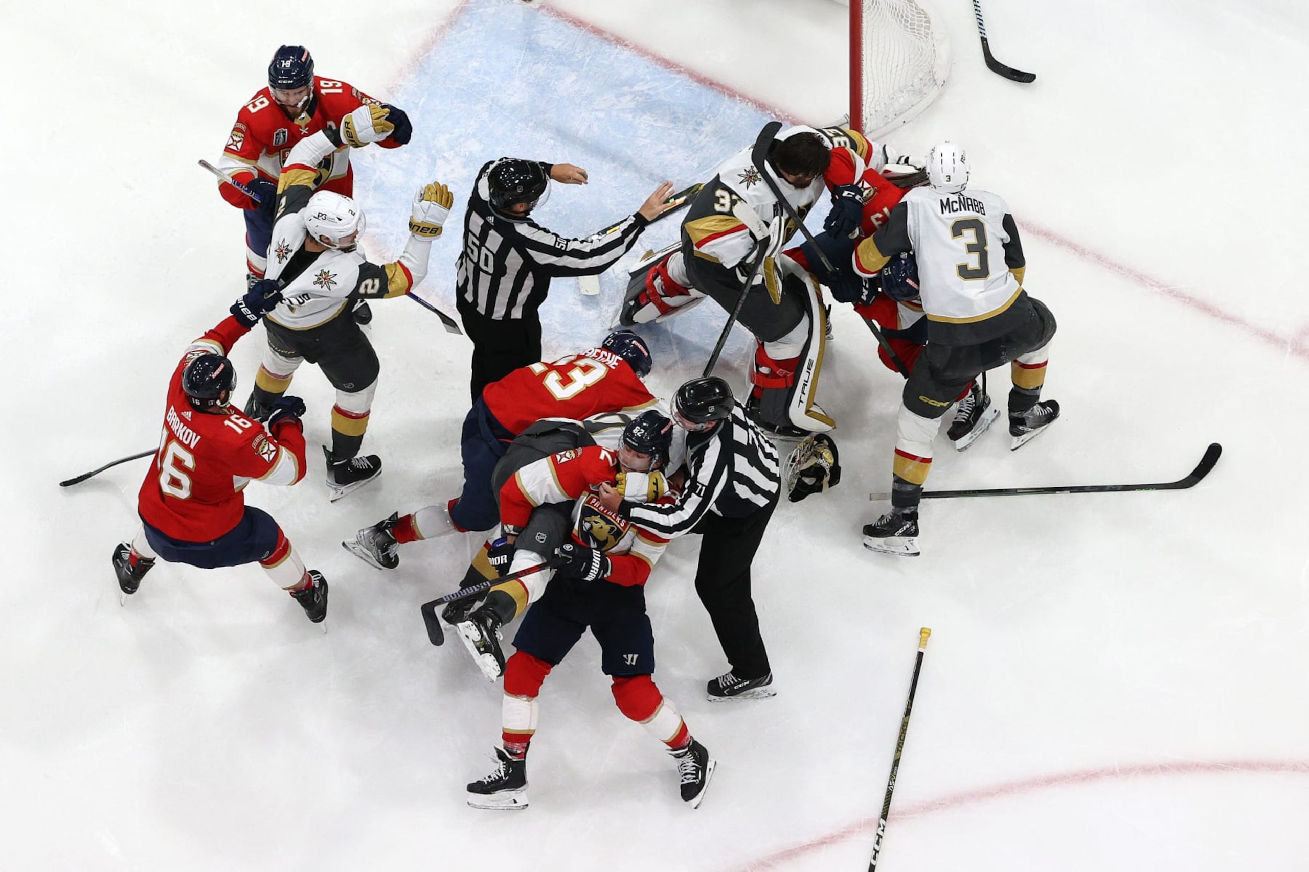 SUNRISE, FLORIDA - JUNE 10:  The Florida Panthers and Vegas Golden Knights fight following the Knights 3-2 win against the Panthers in Game Four of the 2023 NHL Stanley Cup Final at FLA Live Arena on June 10, 2023 in Sunrise, Florida. (Photo by Patrick Smith/Getty Images)