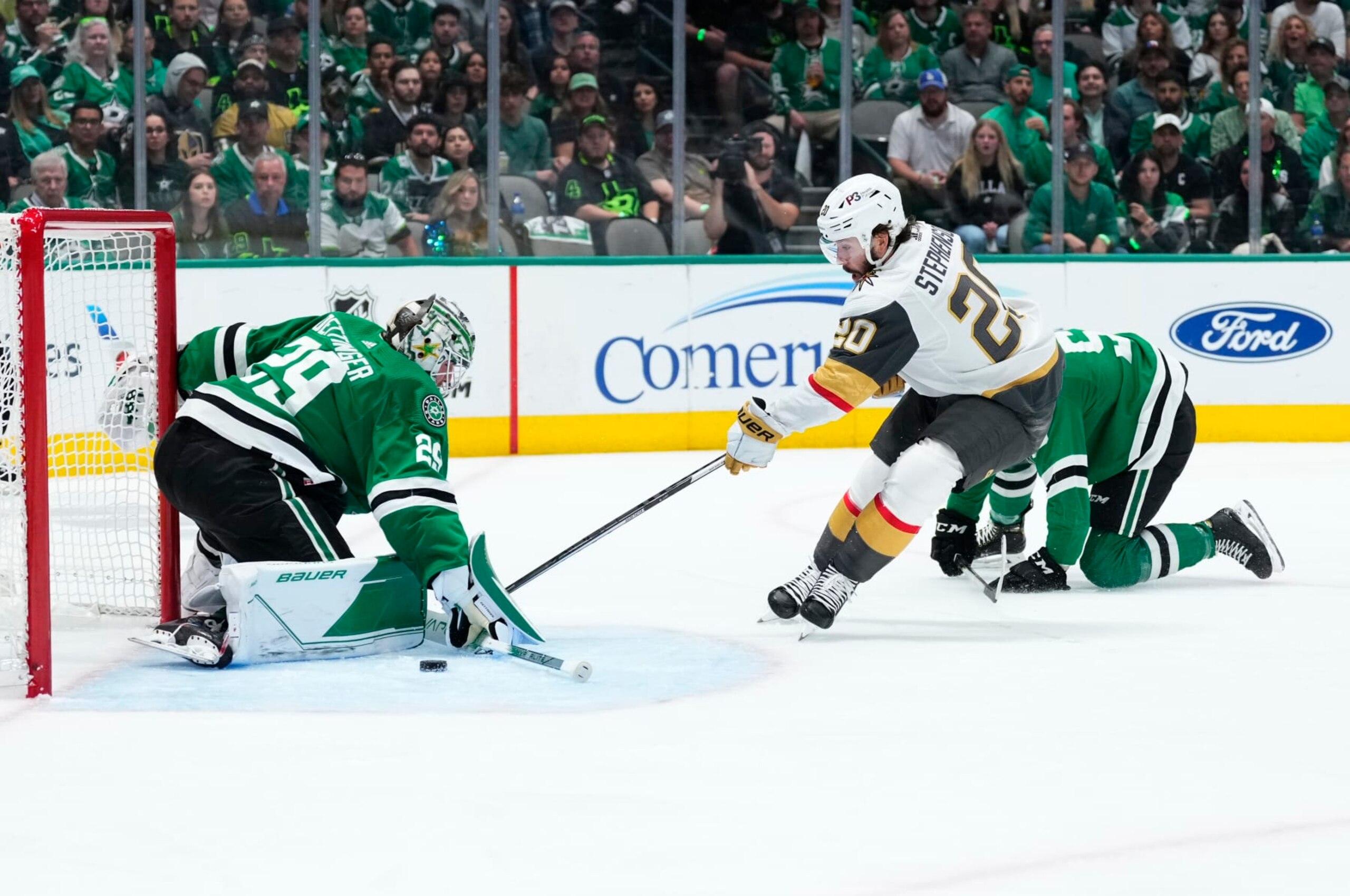 DALLAS, TEXAS - MAY 29: Jake Oettinger #29 of the Dallas Stars saves an attempt by Chandler Stephenson #20 of the Vegas Golden Knights during the first period in Game Six of the Western Conference Final of the 2023 Stanley Cup Playoffs at American Airlines Center on May 29, 2023 in Dallas, Texas. (Photo by Jeff Bottari/NHLI via Getty Images)