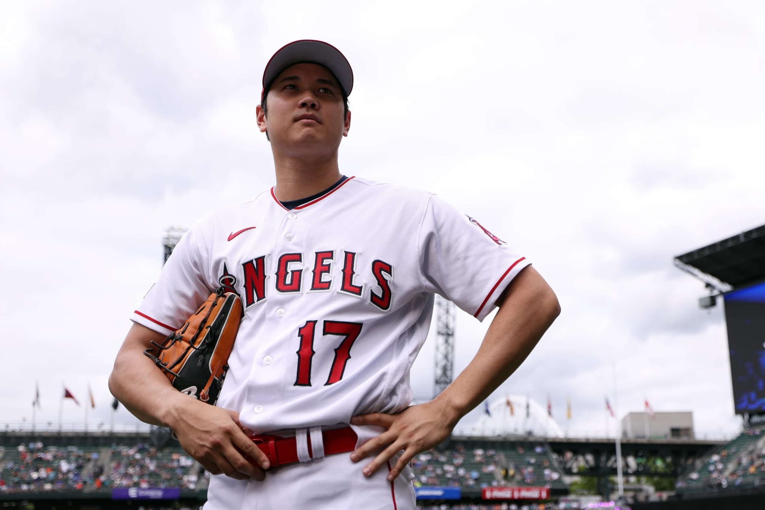 SEATTLE, WASHINGTON - JULY 10: Shohei Ohtani #17 of the Los Angeles Angels looks on during Gatorade All-Star Workout Day at T-Mobile Park on July 10, 2023 in Seattle, Washington. (Photo by Steph Chambers/Getty Images)