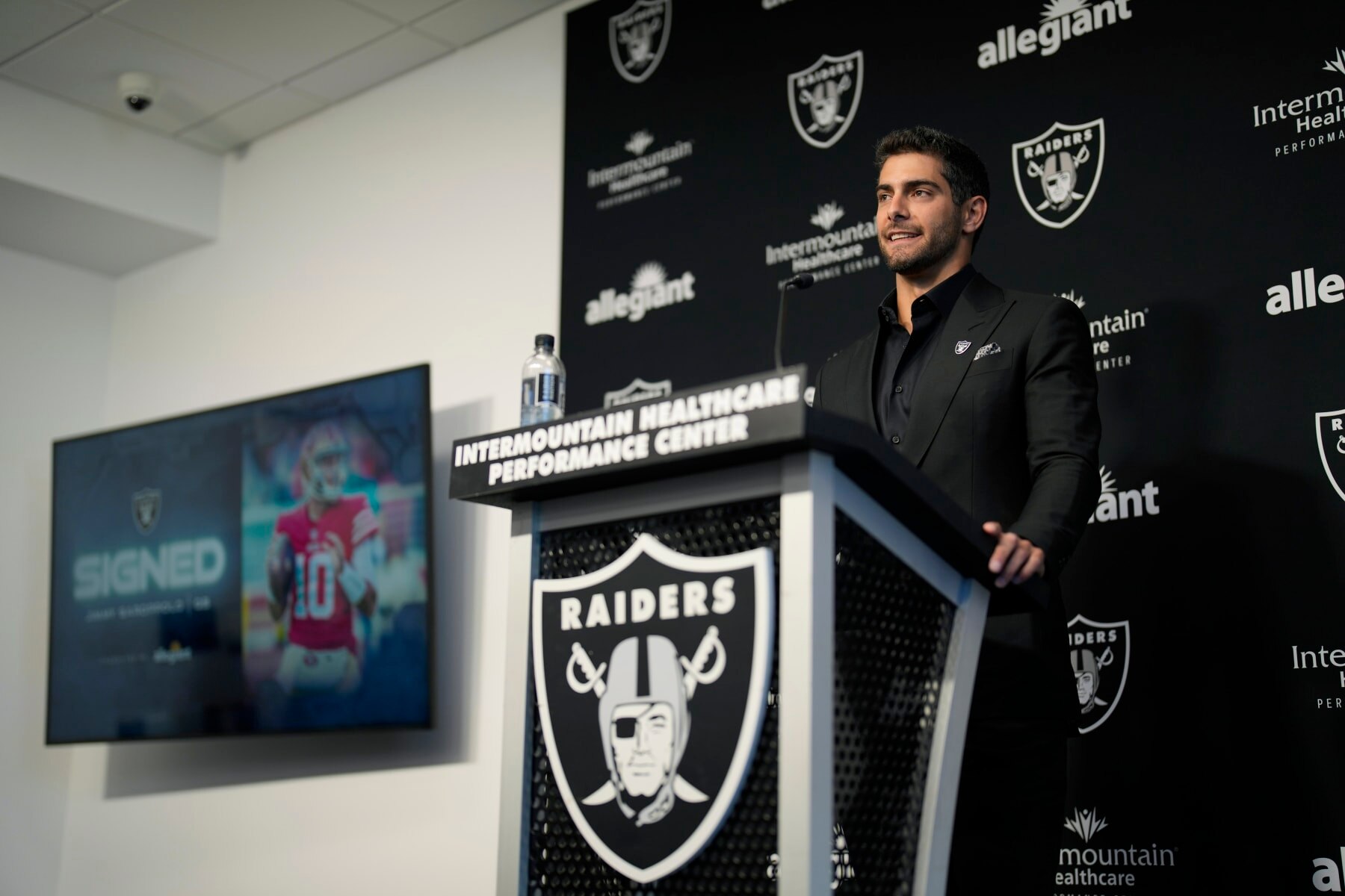 Las Vegas Raiders quarterback Jimmy Garoppolo takes questions at a news conference Friday, March 17, 2023, in Henderson, Nev. (AP Photo/John Locher)