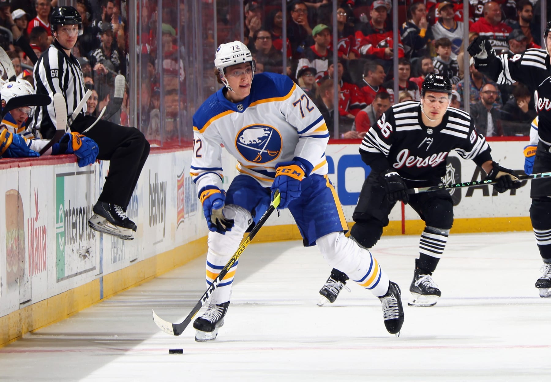 NEWARK, NEW JERSEY - APRIL 11: Tage Thompson #72 of the Buffalo Sabres skates in his 300th NHL game against the New Jersey Devils at the Prudential Center on April 11, 2023 in Newark, New Jersey. (Photo by Bruce Bennett/Getty Images)
