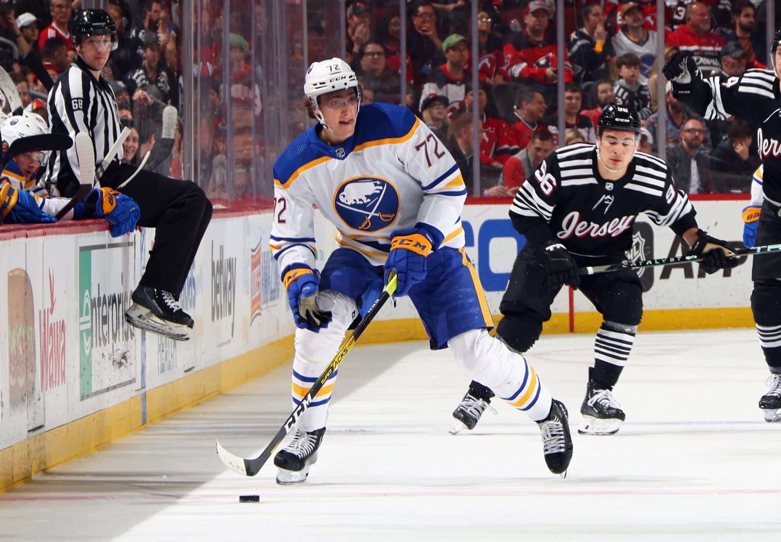 NEWARK, NEW JERSEY - APRIL 11: Tage Thompson #72 of the Buffalo Sabres skates in his 300th NHL game against the New Jersey Devils at the Prudential Center on April 11, 2023 in Newark, New Jersey. (Photo by Bruce Bennett/Getty Images)