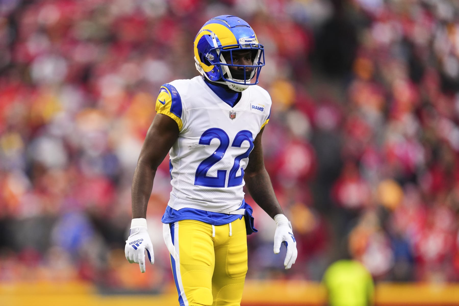 KANSAS CITY, MO - NOVEMBER 27: David Long Jr. #22 of the Los Angeles Rams gets set against the Kansas City Chiefs at GEHA Field at Arrowhead Stadium on November 27, 2022 in Kansas City, Missouri. (Photo by Cooper Neill/Getty Images)