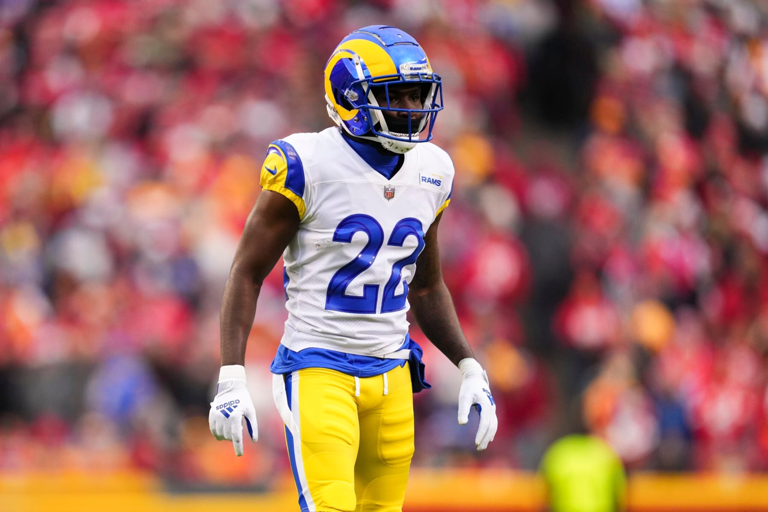 KANSAS CITY, MO - NOVEMBER 27: David Long Jr. #22 of the Los Angeles Rams gets set against the Kansas City Chiefs at GEHA Field at Arrowhead Stadium on November 27, 2022 in Kansas City, Missouri. (Photo by Cooper Neill/Getty Images)