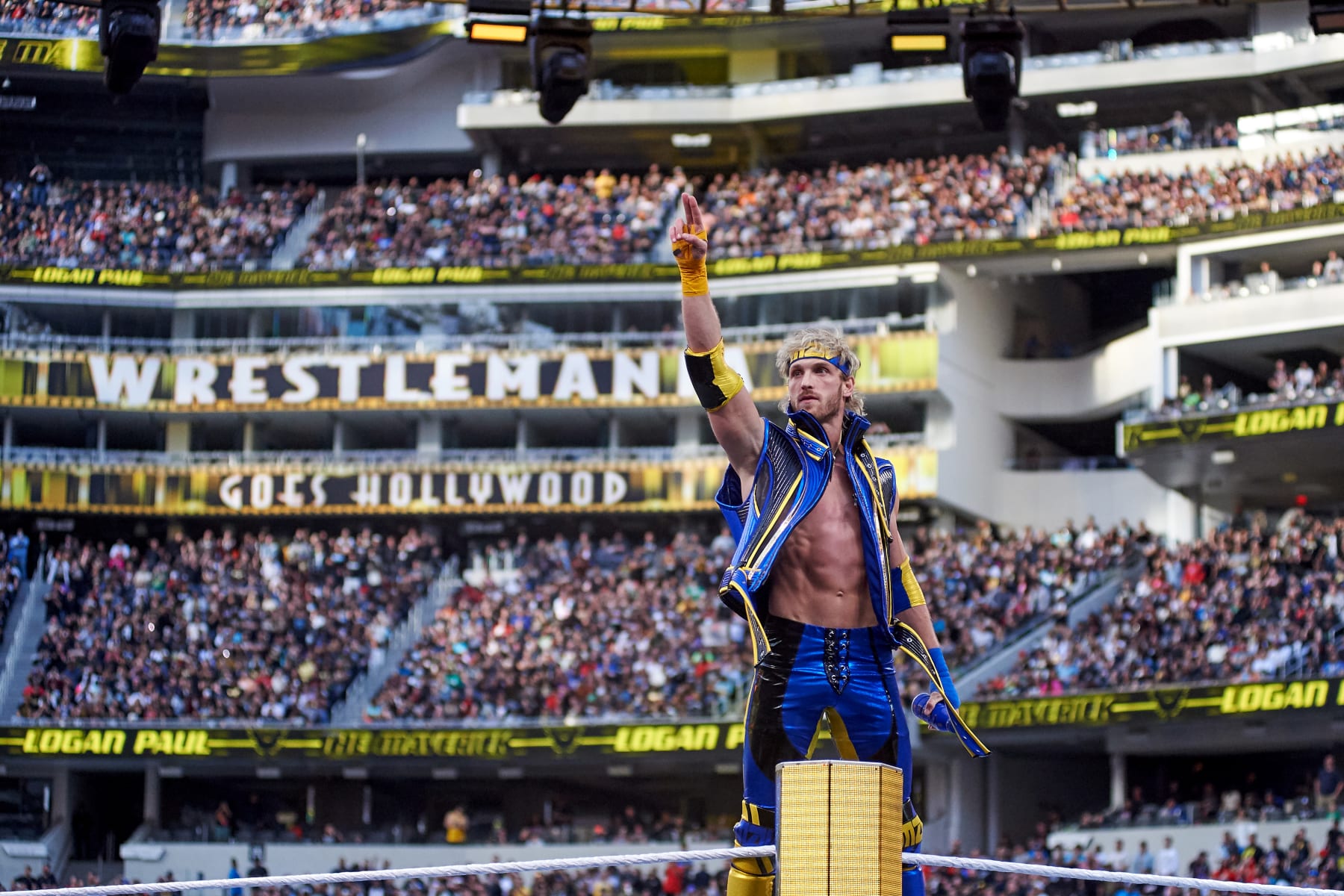 INGLEWOOD, CALIFORNIA - APRIL 01:  Logan Paul in the ring WrestleMania 39 at SoFi Stadium on April 01, 2023 in Inglewood, California. (Photo by Unique Nicole/Getty Images)