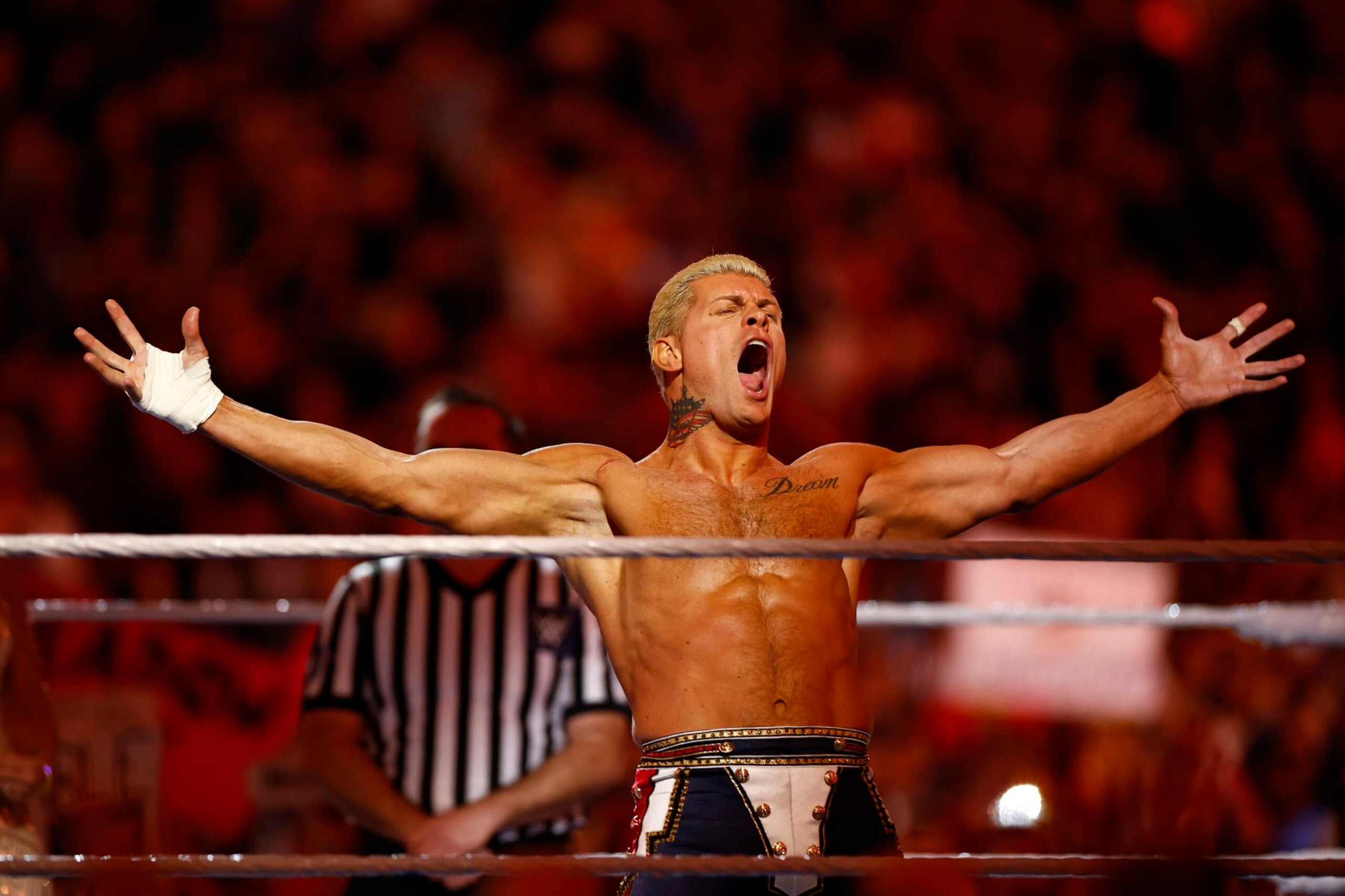 INGLEWOOD, CALIFORNIA - APRIL 02:  (L-R) Cody Rhodes wrestles Roman Reigns for Undisputed WWE Universal Title Match during WrestleMania Goes Hollywood at SoFi Stadium on April 02, 2023 in Inglewood, California.
 (Photo by Ronald Martinez/Getty Images)