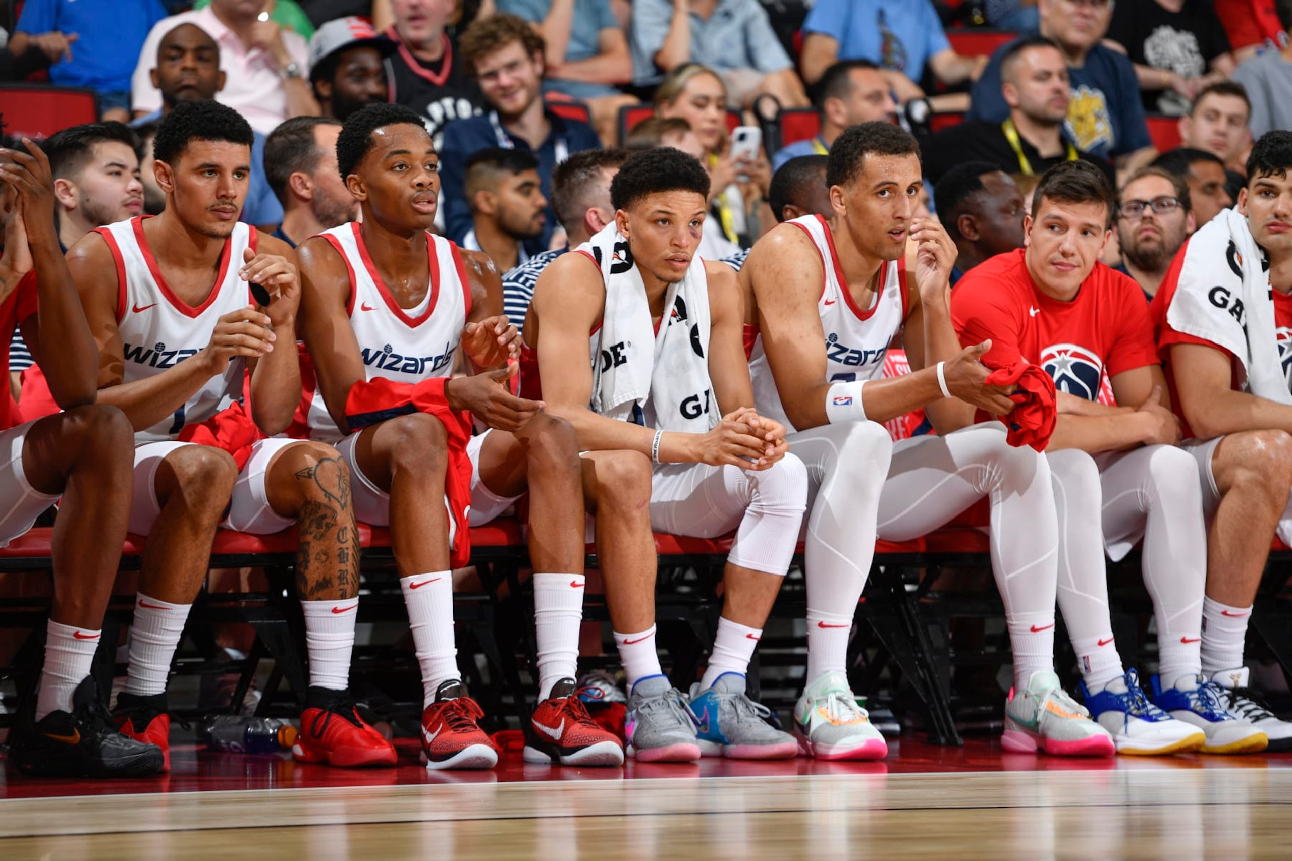 LAS VEGAS, NV - JULY 9: A look at the Washington Wizards bench during the game during the 2023 NBA Las Vegas Summer League on July 9, 2023 at the The Cox Pavillion in Las Vegas, Nevada. NOTE TO USER: User expressly acknowledges and agrees that, by downloading and or using this Photograph, User is consenting to the terms and conditions of the Getty Images License Agreement. Mandatory Copyright Notice: Copyright 2023 NBAE (Photo by Logan Riely/NBAE via Getty Images) LAS VEGAS, NV - JULY 9: A look at the Washington Wizards bench during the game during the 2023 NBA Las Vegas Summer League on July 9, 2023 at the The Cox Pavillion in Las Vegas, Nevada. NOTE TO USER: User expressly acknowledges and agrees that, by downloading and or using this Photograph, User is consenting to the terms and conditions of the Getty Images License Agreement. Mandatory Copyright Notice: Copyright 2023 NBAE (Photo by Logan Riely/NBAE via Getty Images)