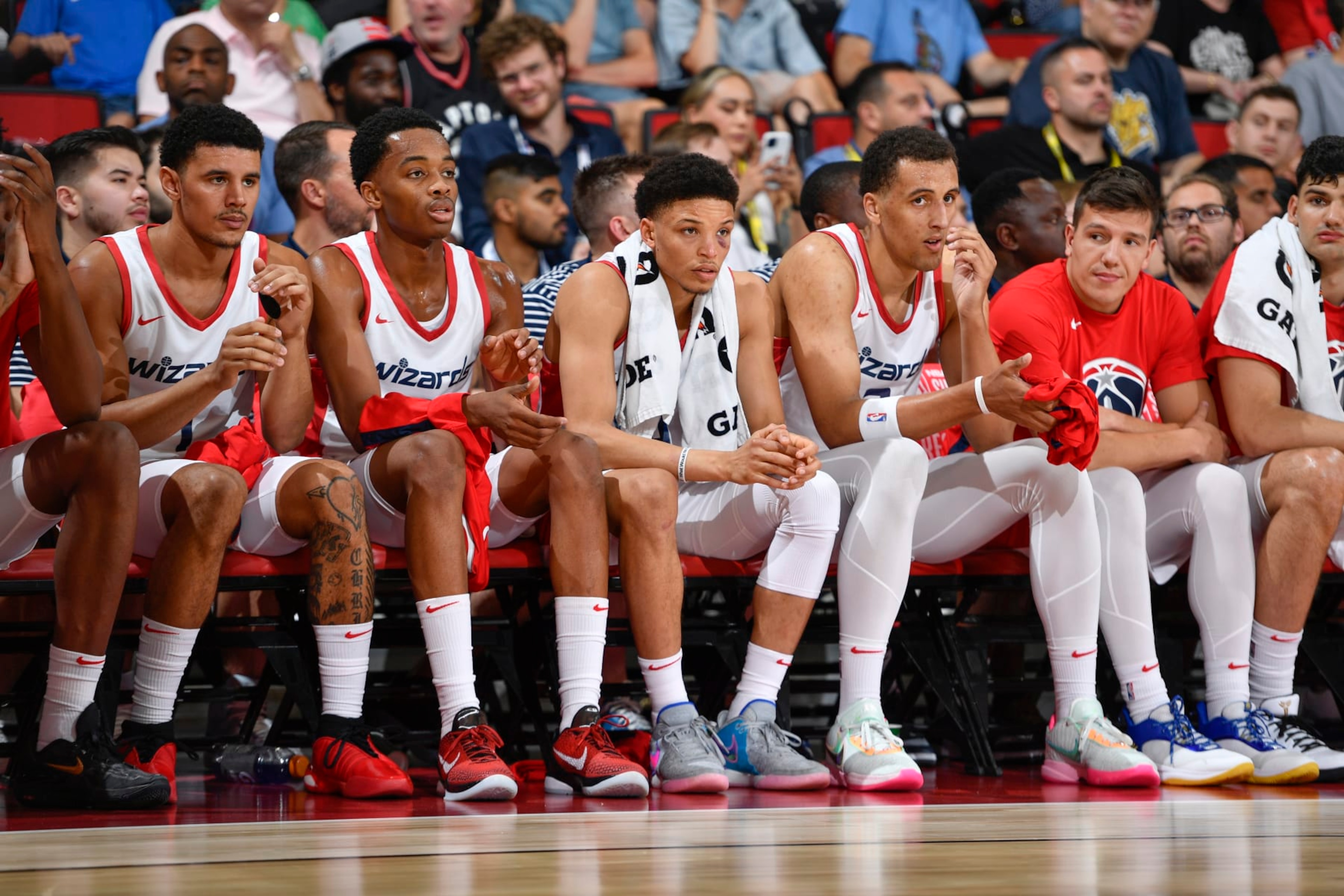 LAS VEGAS, NV - JULY 9: A look at the Washington Wizards bench during the game during the 2023 NBA Las Vegas Summer League on July 9, 2023 at the The Cox Pavillion in Las Vegas, Nevada. NOTE TO USER: User expressly acknowledges and agrees that, by downloading and or using this Photograph, User is consenting to the terms and conditions of the Getty Images License Agreement. Mandatory Copyright Notice: Copyright 2023 NBAE (Photo by Logan Riely/NBAE via Getty Images) LAS VEGAS, NV - JULY 9: A look at the Washington Wizards bench during the game during the 2023 NBA Las Vegas Summer League on July 9, 2023 at the The Cox Pavillion in Las Vegas, Nevada. NOTE TO USER: User expressly acknowledges and agrees that, by downloading and or using this Photograph, User is consenting to the terms and conditions of the Getty Images License Agreement. Mandatory Copyright Notice: Copyright 2023 NBAE (Photo by Logan Riely/NBAE via Getty Images)