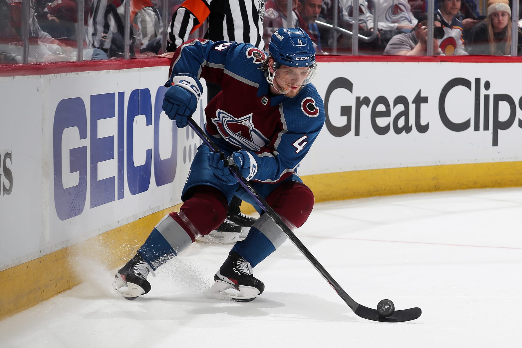 DENVER, COLORADO - APRIL 30: Bowen Byram #4 of the Colorado Avalanche skates against the Seattle Kraken in Game Seven of the First Round of the 2023 Stanley Cup Playoffs at Ball Arena on April 30, 2023 in Denver, Colorado. (Photo by Michael Martin/NHLI via Getty Images)