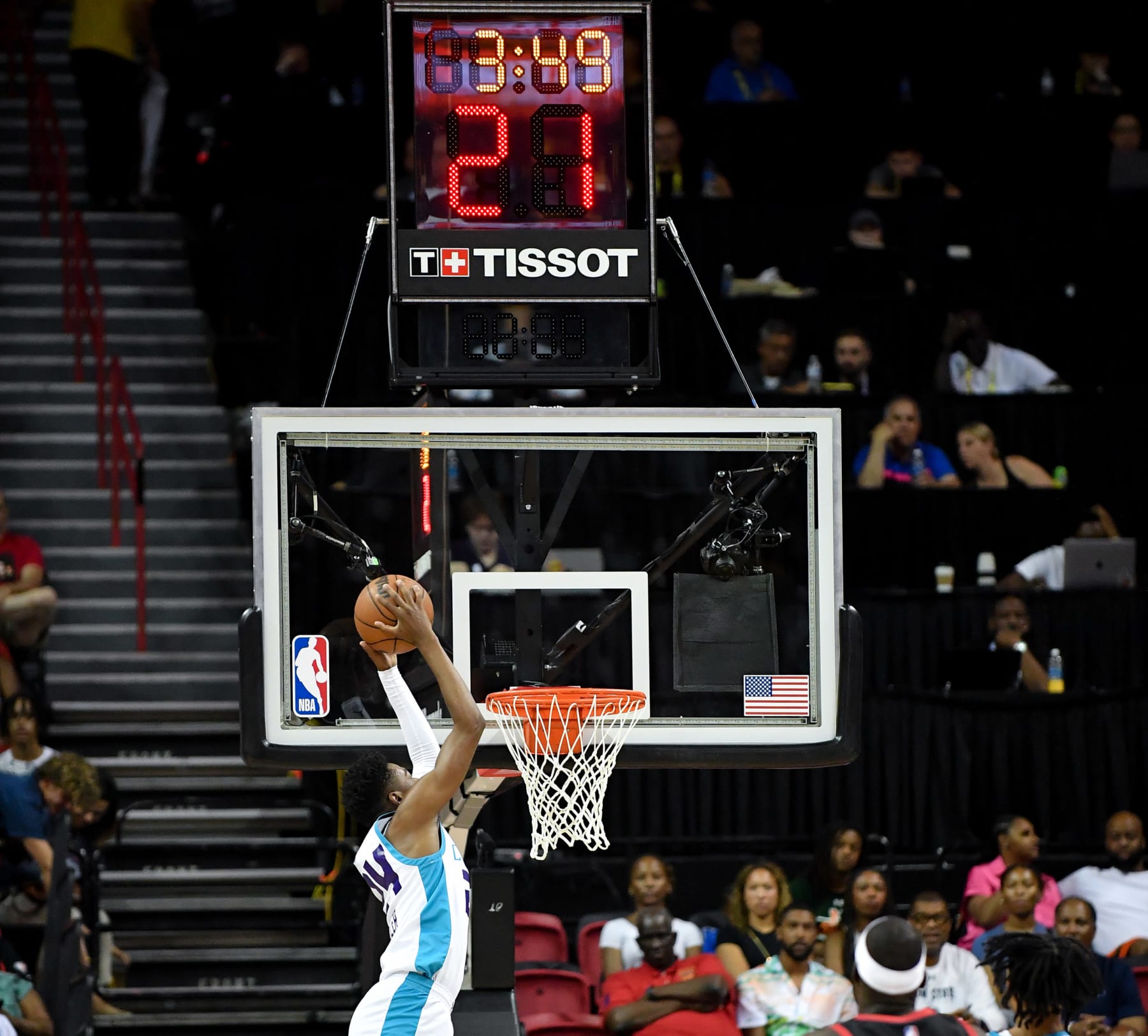 LAS VEGAS, NEVADA - JULY 11: Brandon Miller #24 of the Charlotte Hornets dunks against the Portland Trail Blazers at the Thomas & Mack Center on July 11, 2023 in Las Vegas, Nevada. NOTE TO USER: User expressly acknowledges and agrees that, by downloading and or using this photograph, User is consenting to the terms and conditions of the Getty Images License Agreement.  (Photo by Allen Berezovsky/Getty Images)