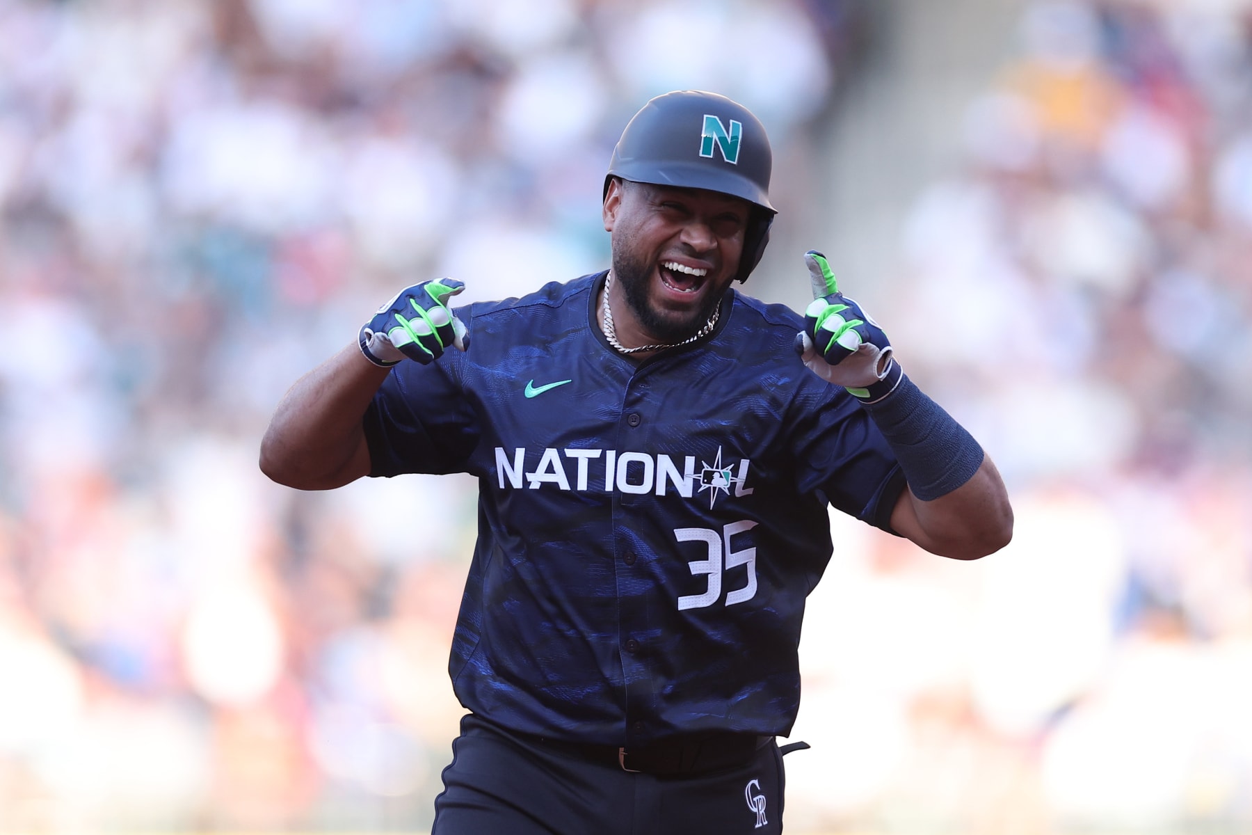 SEATTLE, WASHINGTON - JULY 11: Elias Díaz #35 of the Colorado Rockies celebrates after hitting a home run in the eight inning during the 93rd MLB All-Star Game presented by Mastercard at T-Mobile Park on July 11, 2023 in Seattle, Washington. (Photo by Steph Chambers/Getty Images)