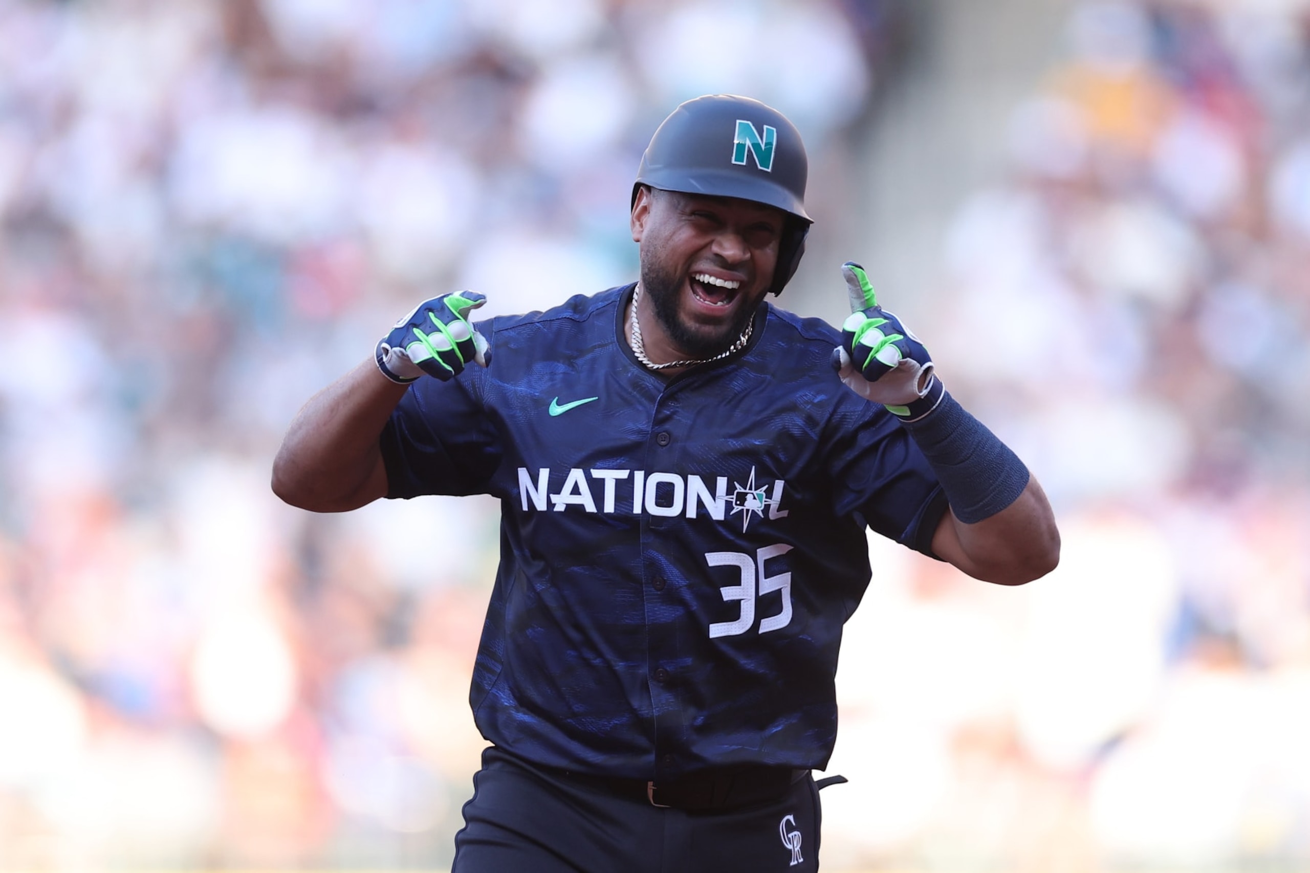 SEATTLE, WASHINGTON - JULY 11: Elias Díaz #35 of the Colorado Rockies celebrates after hitting a home run in the eight inning during the 93rd MLB All-Star Game presented by Mastercard at T-Mobile Park on July 11, 2023 in Seattle, Washington. (Photo by Steph Chambers/Getty Images)