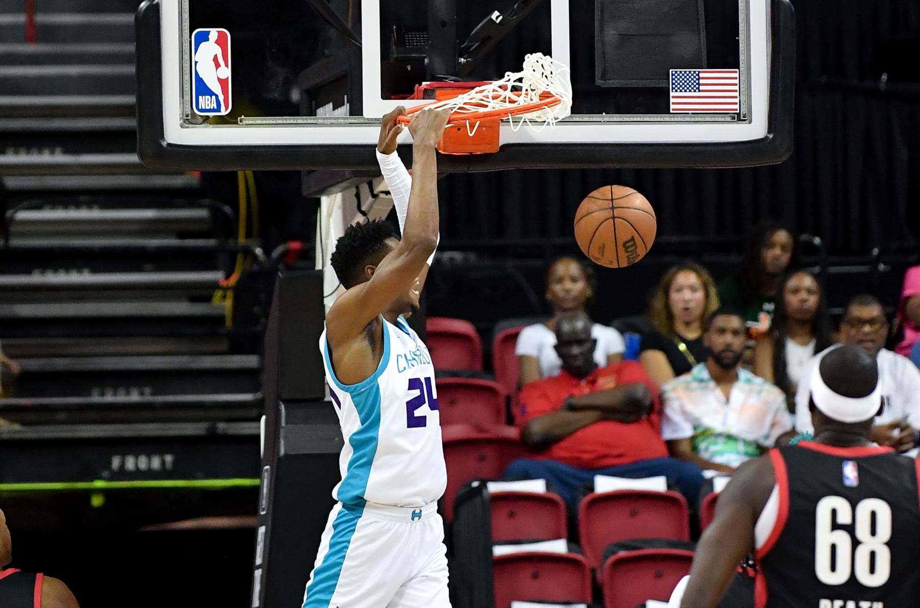 LAS VEGAS, NEVADA - JULY 11: Brandon Miller #24 of the Charlotte Hornets dunks against the Portland Trail Blazers at the Thomas & Mack Center on July 11, 2023 in Las Vegas, Nevada. NOTE TO USER: User expressly acknowledges and agrees that, by downloading and or using this photograph, User is consenting to the terms and conditions of the Getty Images License Agreement.  (Photo by Allen Berezovsky/Getty Images)