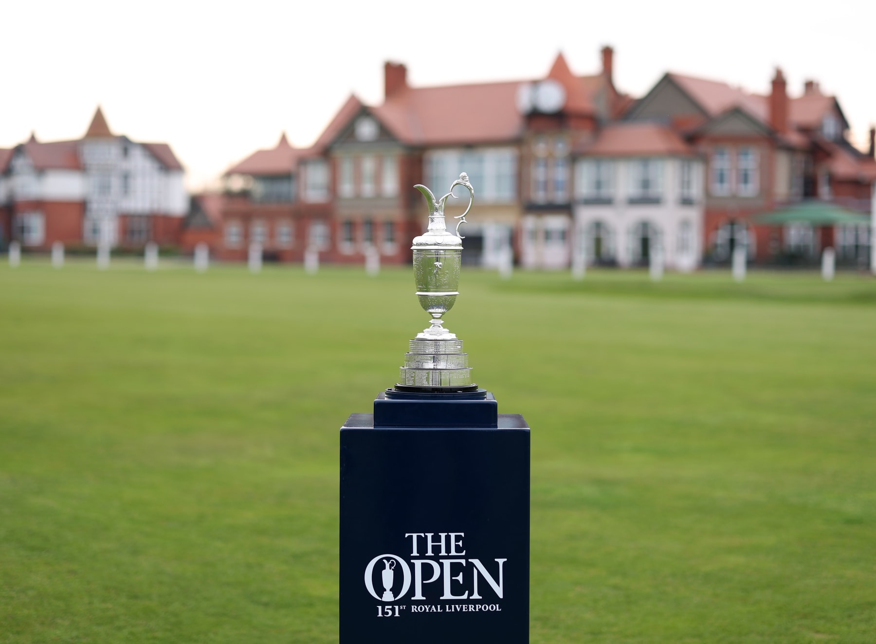 HOYLAKE, ENGLAND - APRIL 19: A view of the Claret Jug in front of the clubhouse at Royal Liverpool Golf Club on April 19, 2023 in Hoylake, England. (Photo by Richard Heathcote/Getty Images)