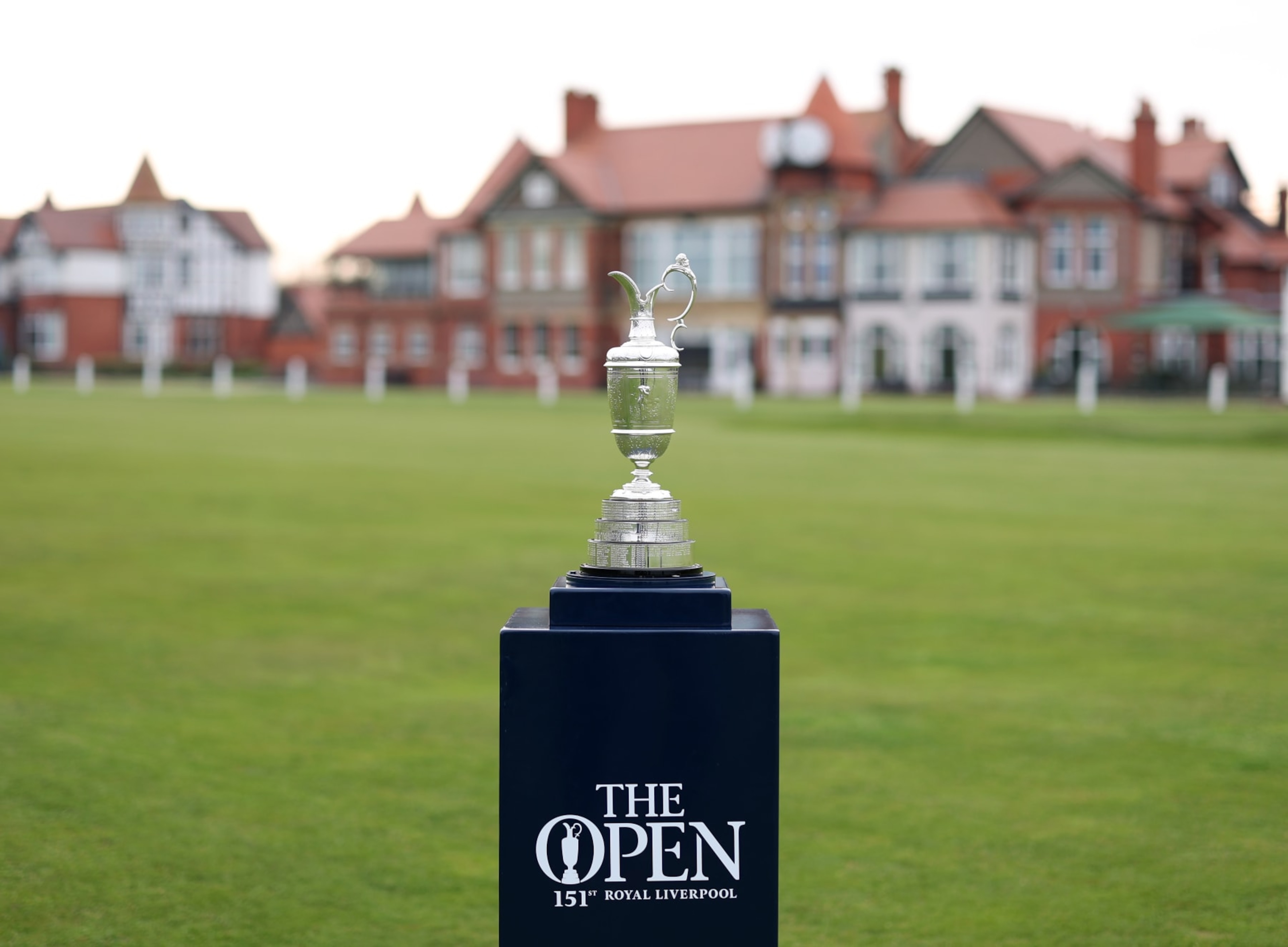 HOYLAKE, ENGLAND - APRIL 19: A view of the Claret Jug in front of the clubhouse at Royal Liverpool Golf Club on April 19, 2023 in Hoylake, England. (Photo by Richard Heathcote/Getty Images) HOYLAKE, ENGLAND - APRIL 19: A view of the Claret Jug in front of the clubhouse at Royal Liverpool Golf Club on April 19, 2023 in Hoylake, England. (Photo by Richard Heathcote/Getty Images)