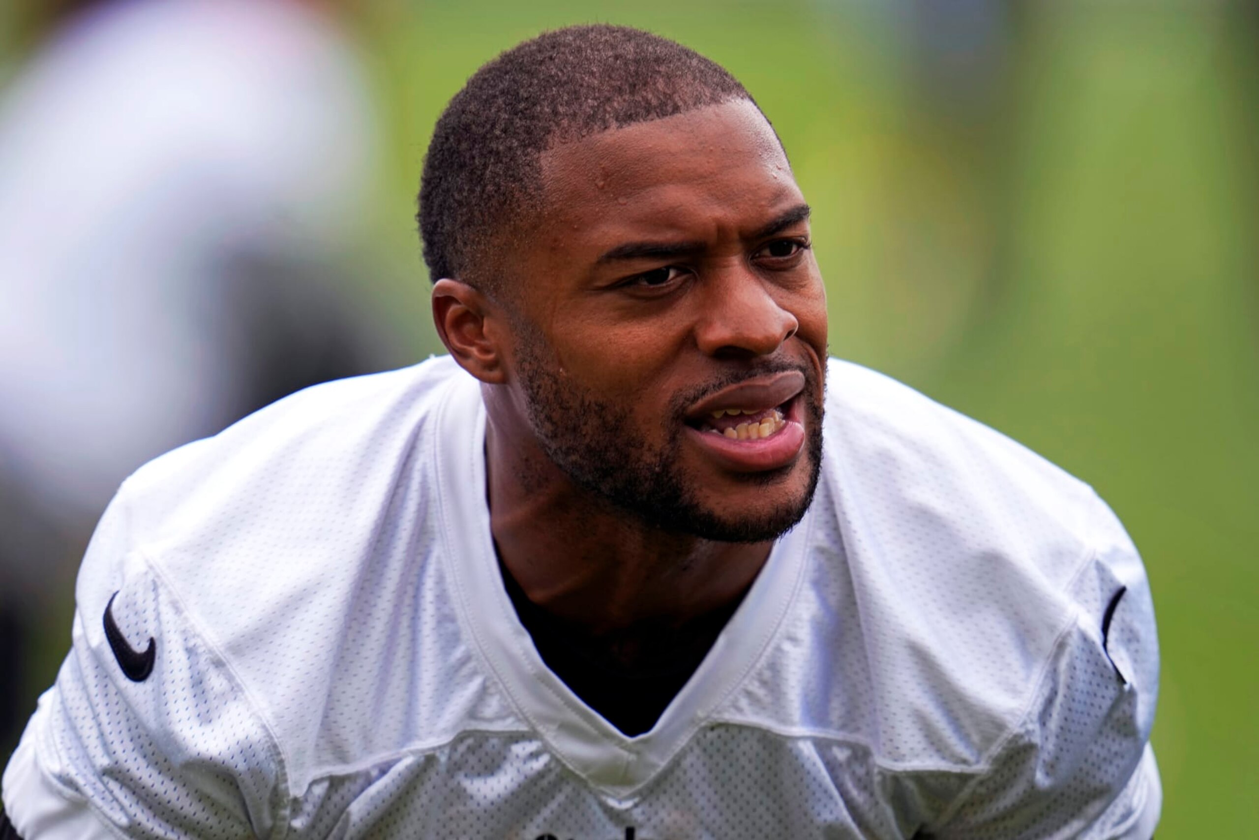 Pittsburgh Steelers wide receiver Allen Robinson II stretches during the first day of the NFL football team's minicamp, in Pittsburgh on Tuesday, June 13, 2023. (AP Photo/Gene J. Puskar)