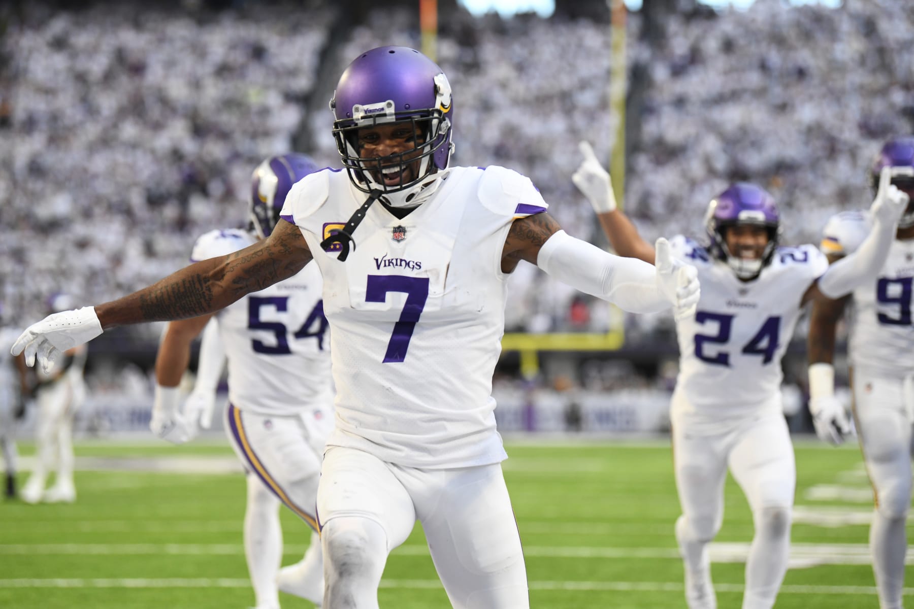 MINNEAPOLIS, MINNESOTA - DECEMBER 24: Patrick Peterson #7 of the Minnesota Vikings celebrates after an interception during the fourth quarter against the New York Giants at U.S. Bank Stadium on December 24, 2022 in Minneapolis, Minnesota. (Photo by Stephen Maturen/Getty Images)