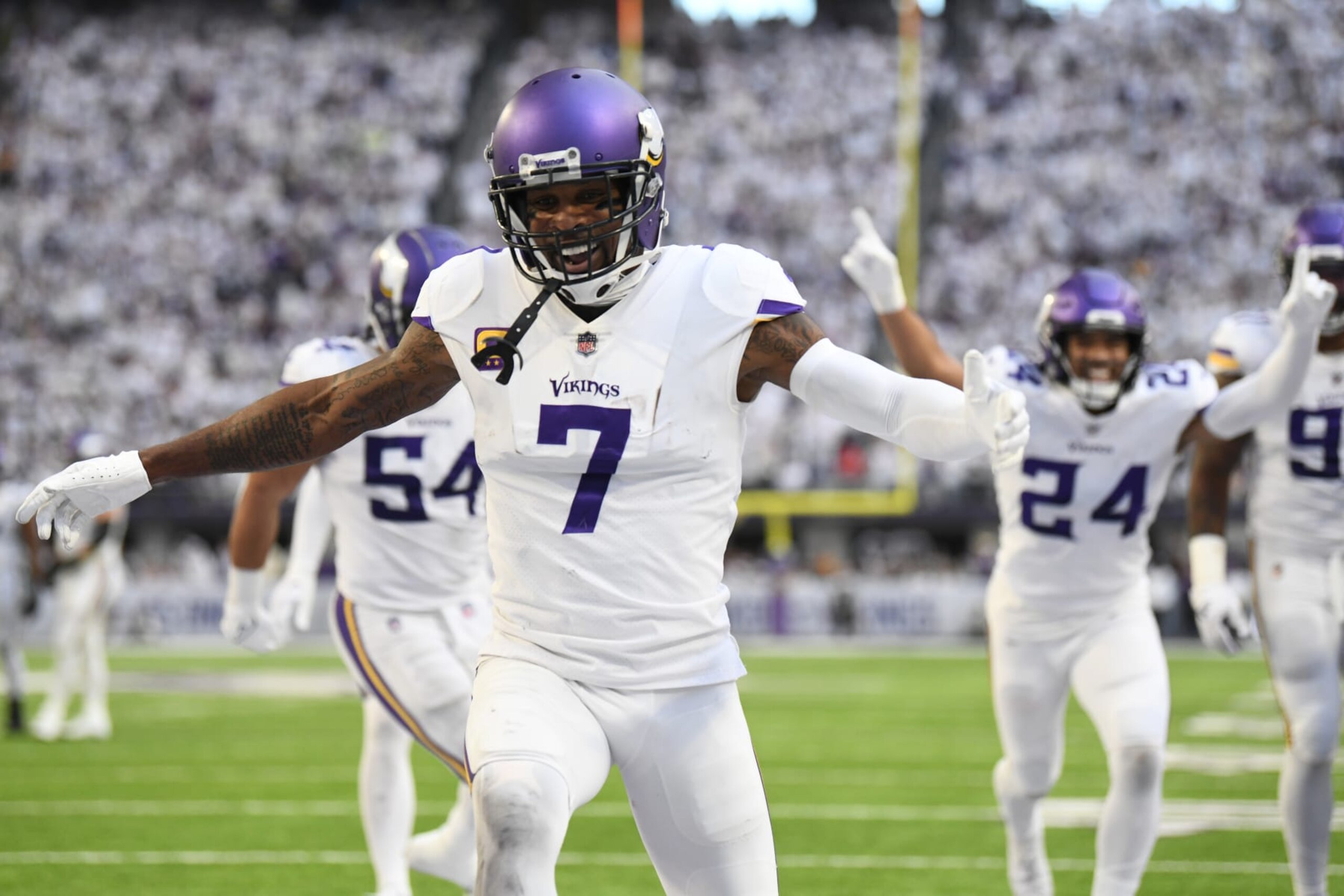 MINNEAPOLIS, MINNESOTA - DECEMBER 24: Patrick Peterson #7 of the Minnesota Vikings celebrates after an interception during the fourth quarter against the New York Giants at U.S. Bank Stadium on December 24, 2022 in Minneapolis, Minnesota. (Photo by Stephen Maturen/Getty Images)
