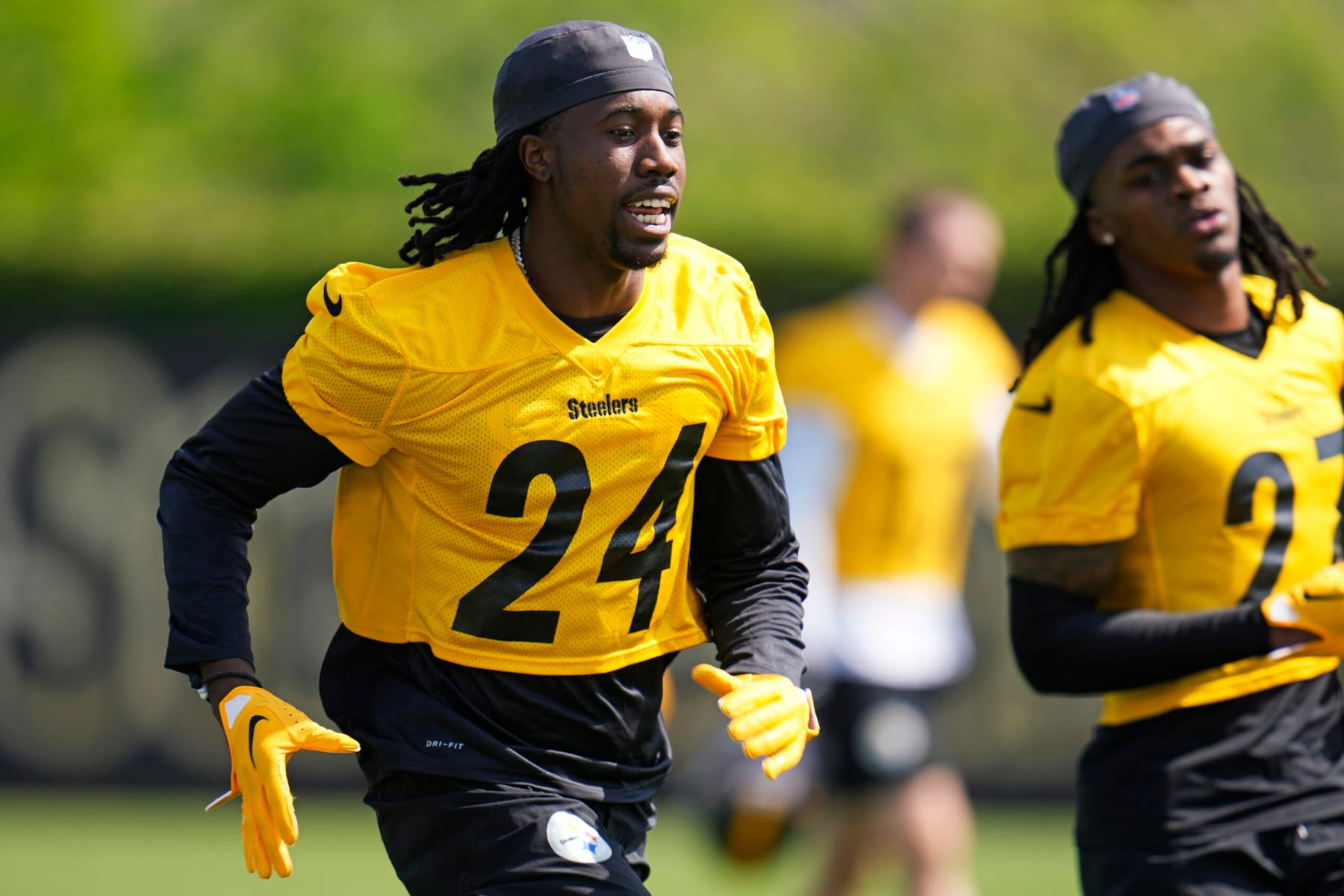 Pittsburgh Steelers, cornerback Joey Porter Jr. (24), the NFL football team's second round draft pick, runs a drill during rookie minicamp in Pittsburgh, Friday, May 12, 2023. (AP Photo/Gene J. Puskar)