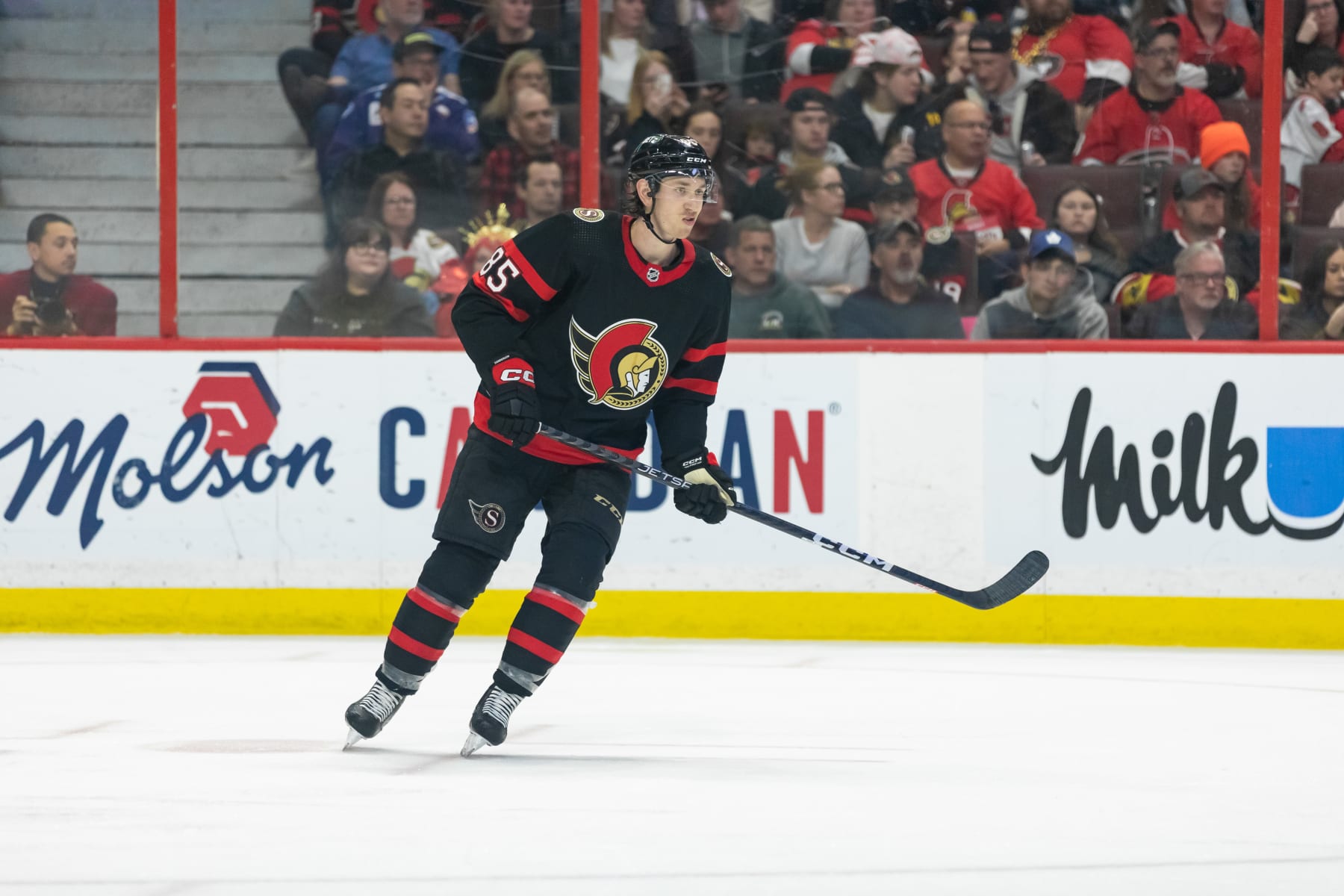 OTTAWA, ON - APRIL 10: Ottawa Senators Defenceman Jake Sanderson (85) skates during third period National Hockey League action between the Carolina Hurricanes and Ottawa Senators on April 10, 2023, at Canadian Tire Centre in Ottawa, ON, Canada. (Photo by Richard A. Whittaker/Icon Sportswire via Getty Images)