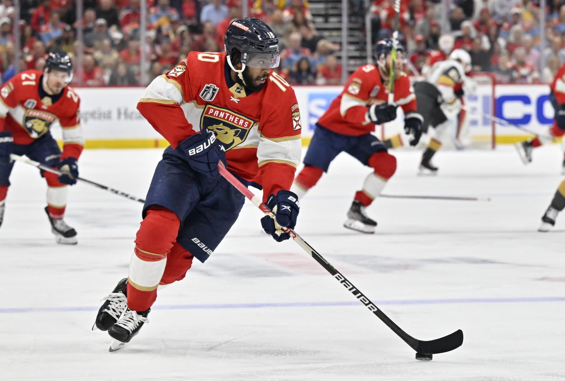 SUNRISE, FLORIDA - JUNE 08: Anthony Duclair #10 of the Florida Pan thersskates during the second period against the Vegas Golden Knights in Game Three of the 2023 NHL Stanley Cup Final at FLA Live Arena on June 08, 2023 in Sunrise, Florida. (Photo by David Becker/NHLI via Getty Images)
