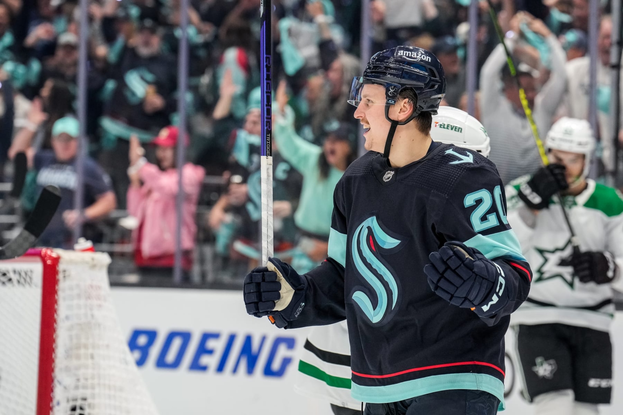 SEATTLE, WASHINGTON - MAY 12:Eeli Tolvanen #20 of the Seattle Kraken celebrates his goal during the second period against the Dallas Stars in Game Six of the Second Round of the 2023 Stanley Cup Playoffs at Climate Pledge Arena on May 12, 2023 in Seattle, Washington. (Photo by Christopher Mast/NHLI via Getty Images)