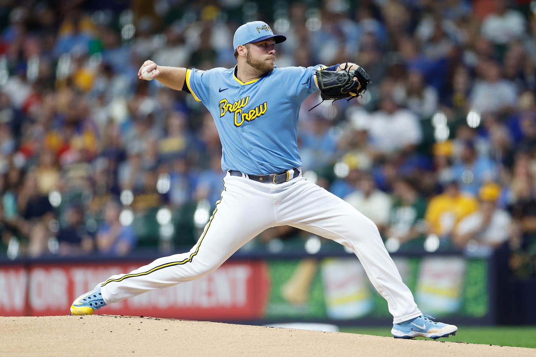 MILWAUKEE, WISCONSIN - JULY 07: Corbin Burnes #39 of the Milwaukee Brewers throws a pitch in the first inning against the Cincinnati Reds at American Family Field on July 07, 2023 in Milwaukee, Wisconsin. (Photo by John Fisher/Getty Images)