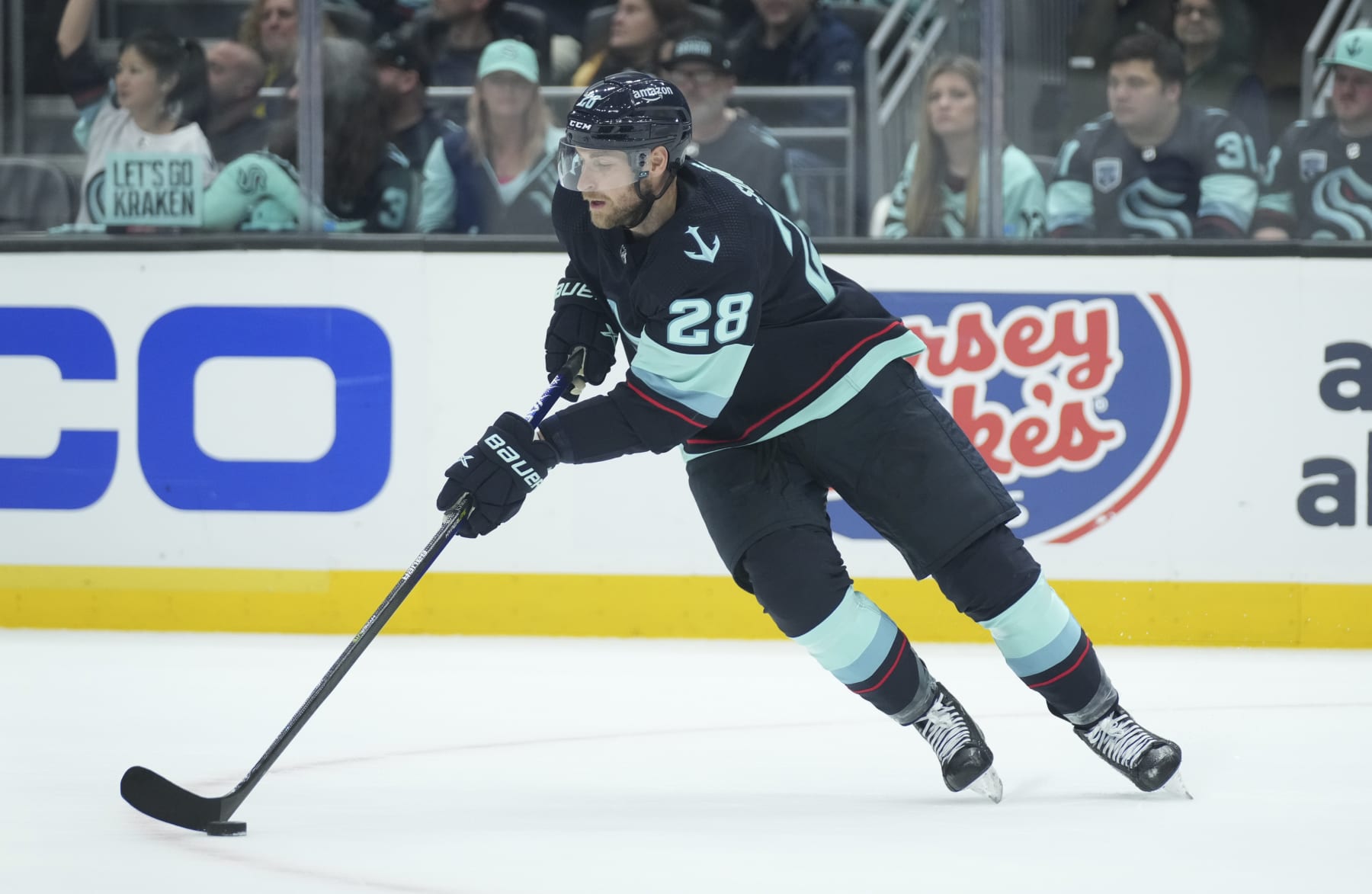 SEATTLE, WA - MAY 09: Seattle Kraken defenseman Carson Soucy (28) during an NHL playoff game between the Dallas Stars and the Seattle Kraken on May 9, 2023 at Climate Pledge Arena in Seattle, WA. (Photo by Jeff Halstead/Icon Sportswire via Getty Images)