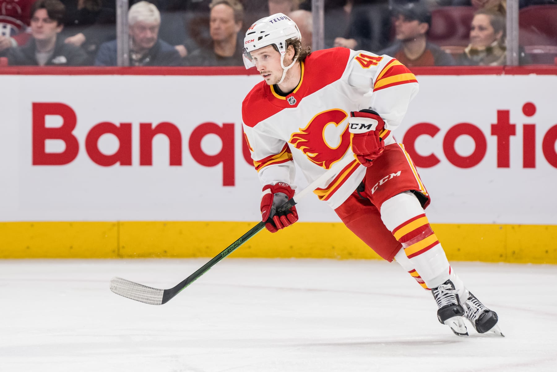 MONTREAL, QC - DECEMBER 12: Matthew Phillips (41) of the Calgary Flames skates during the first period of the NHL game between the Calgary Flames and the Montreal Canadiens on December 12, 2022, at the Bell Centre in Montreal, QC (Photo by Vincent Ethier/Icon Sportswire via Getty Images)