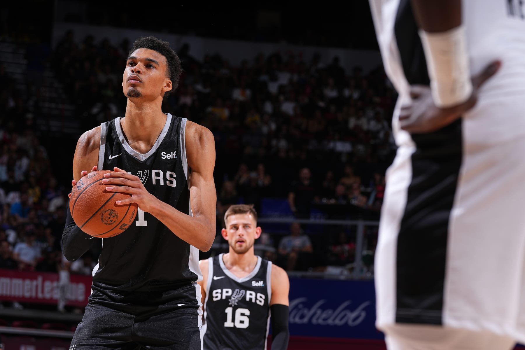 LAS VEGAS, NV - JULY 9: Victor Wembanyama #1 of the San Antonio Spurs shoots a free throw during the 2023 NBA Las Vegas Summer League on July 9, 2023 at the Cox Pavilion in Las Vegas, Nevada. NOTE TO USER: User expressly acknowledges and agrees that, by downloading and or using this photograph, User is consenting to the terms and conditions of the Getty Images License Agreement. Mandatory Copyright Notice: Copyright 2023 NBAE (Photo by Bart Young/NBAE via Getty Images)
