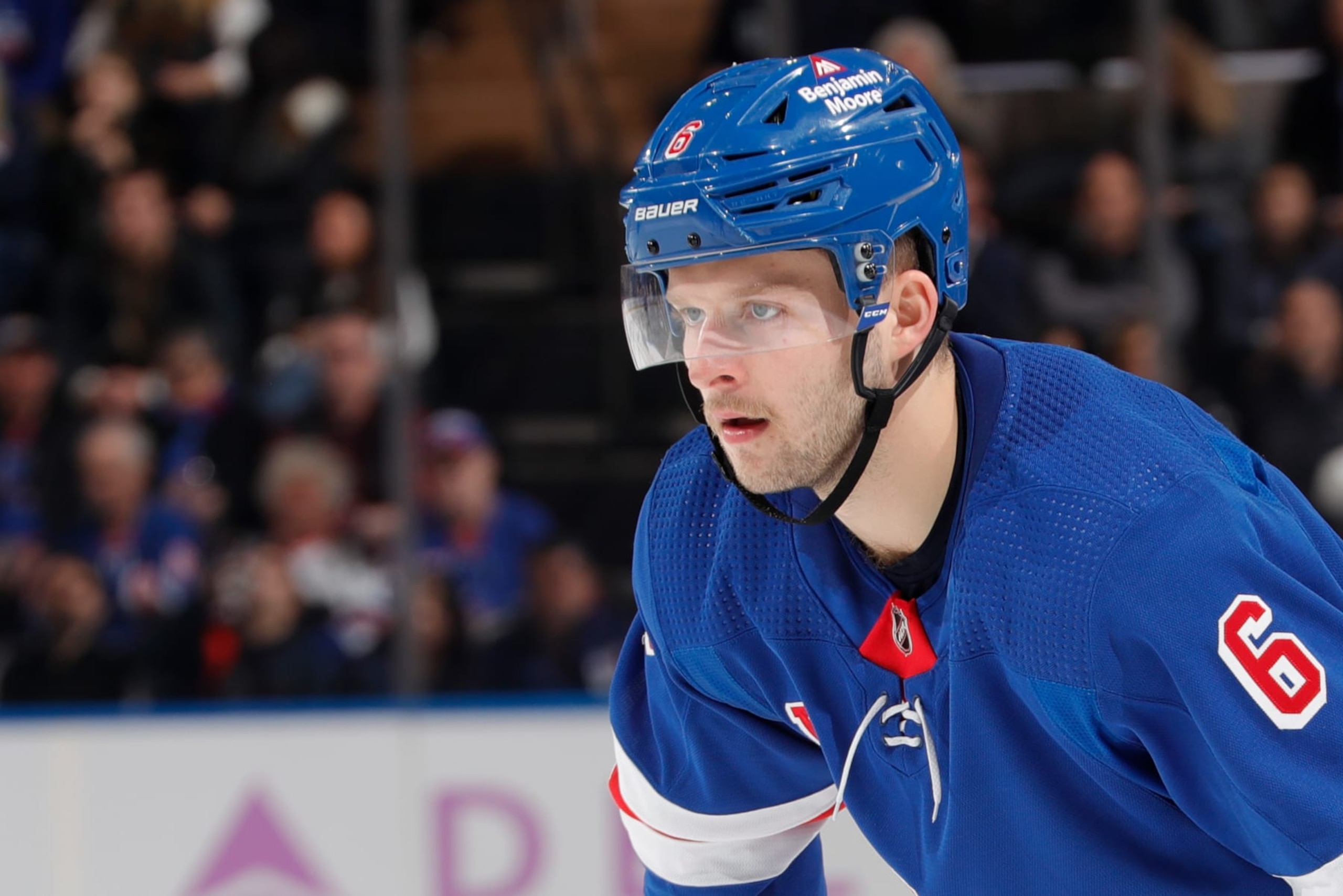 NEW YORK, NEW YORK - NOVEMBER 28:  Zac Jones #6 of the New York Rangers skates against the New Jersey Devils at Madison Square Garden on November 28, 2022 in New York City. (Photo by Jared Silber/NHLI via Getty Images)