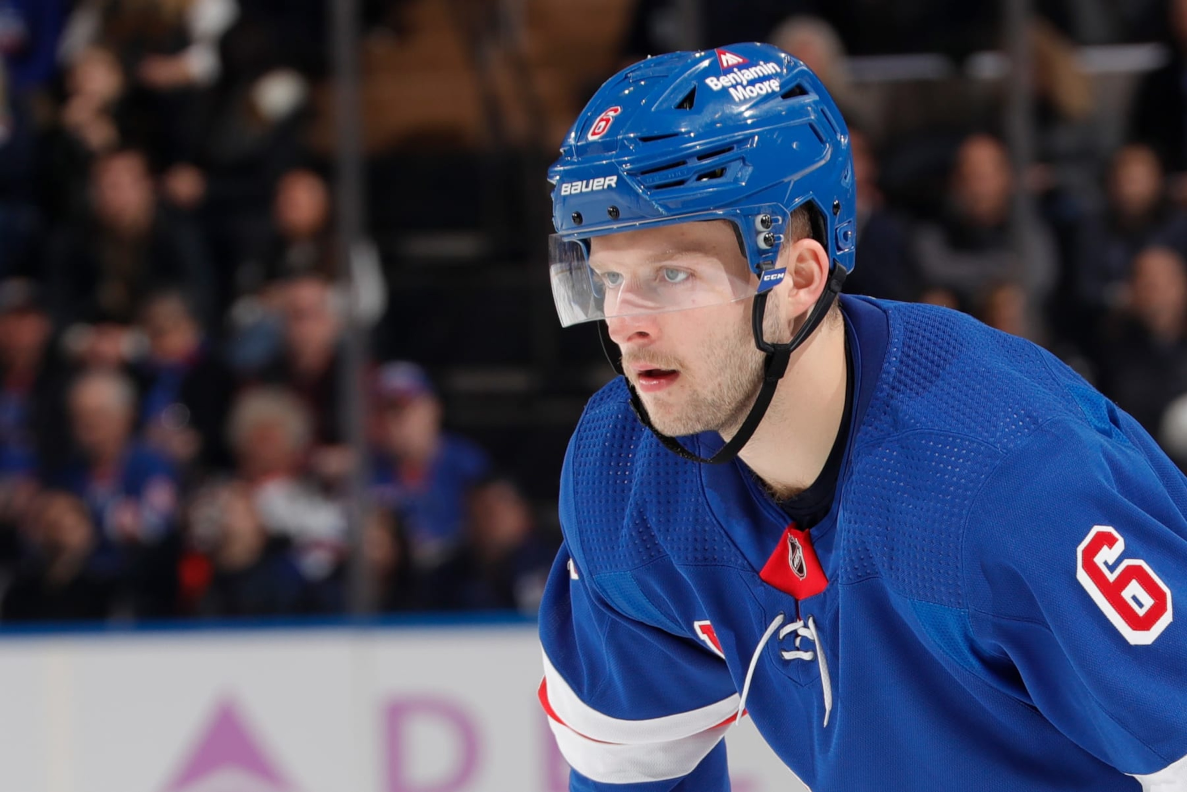 NEW YORK, NEW YORK - NOVEMBER 28:  Zac Jones #6 of the New York Rangers skates against the New Jersey Devils at Madison Square Garden on November 28, 2022 in New York City. (Photo by Jared Silber/NHLI via Getty Images)