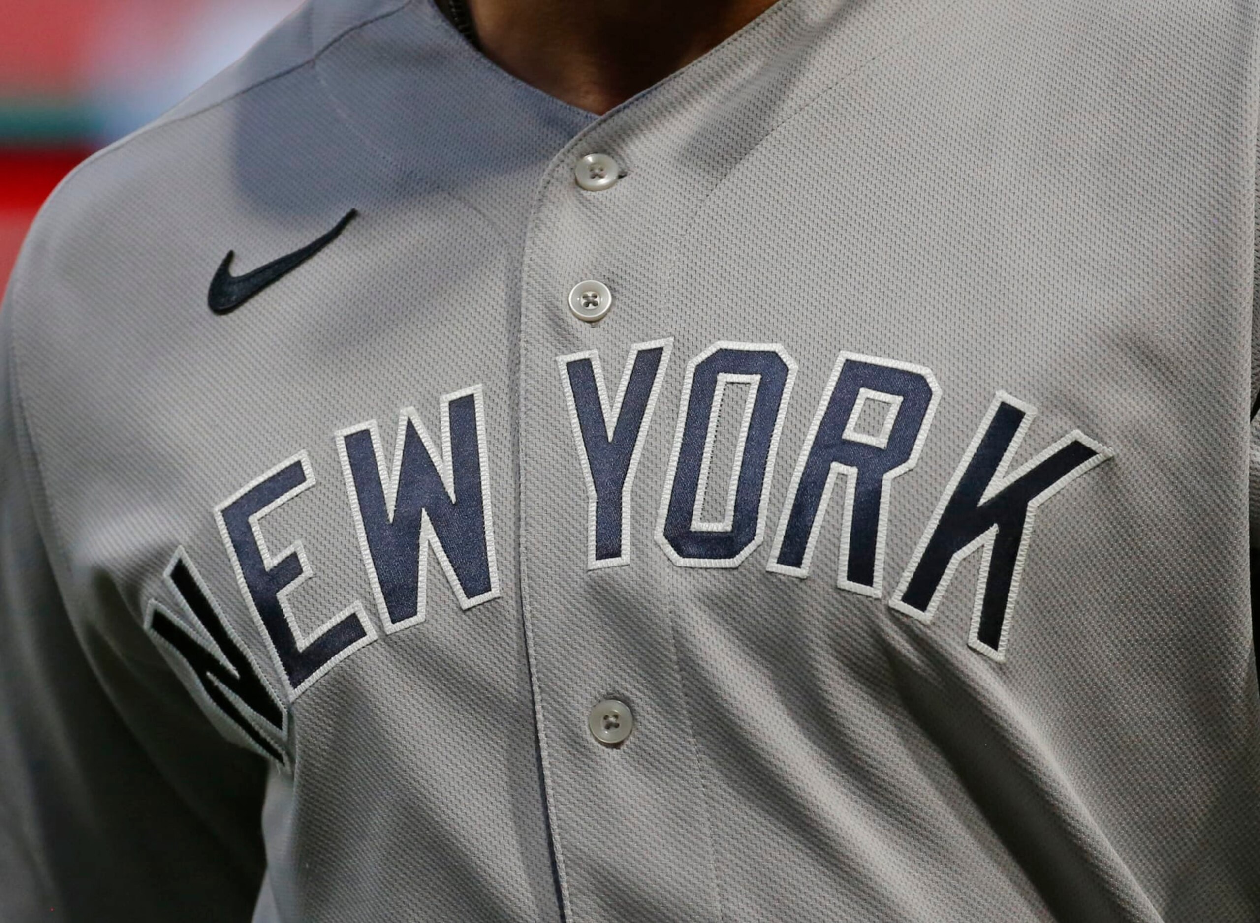 PITTSBURGH, PA - JULY 06:  A detailed view of the New York Yankees jersey in action against the Pittsburgh Pirates during inter-league play at PNC Park on July 6, 2022 in Pittsburgh, Pennsylvania.  (Photo by Justin K. Aller/Getty Images)