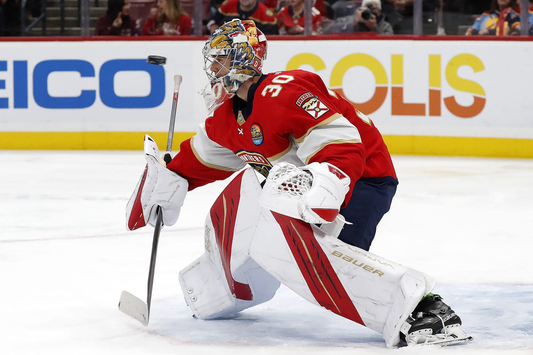 SUNRISE, FLORIDA - JANUARY 3: Goaltender Spencer Knight #30 of the Florida Panthers defends the net during the second period against the Arizona Coyotes at the FLA Live Arena on January 3, 2023 in Sunrise, Florida. (Photo by Eliot J. Schechter/NHLI via Getty Images)