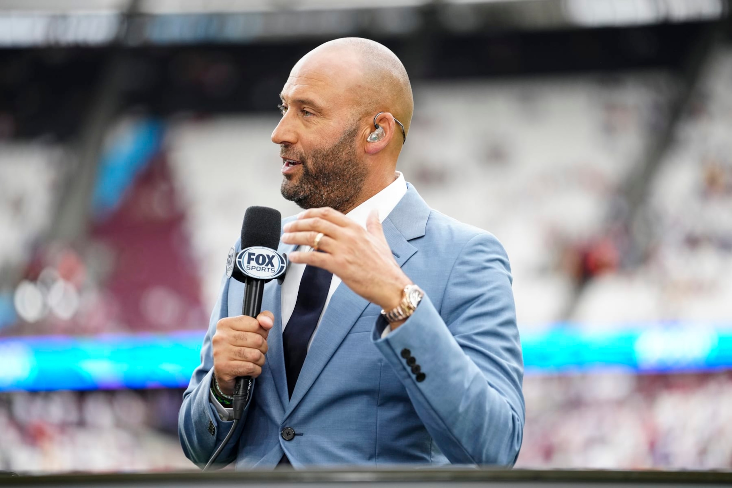 LONDON, ENGLAND - JUNE 24: Derek Jeter presents on Fox during the 2023 London Series game between the Chicago Cubs and the St. Louis Cardinals at London Stadium on Saturday, June 24, 2023 in London, England. (Photo by Mary DeCicco/MLB Photos via Getty Images)