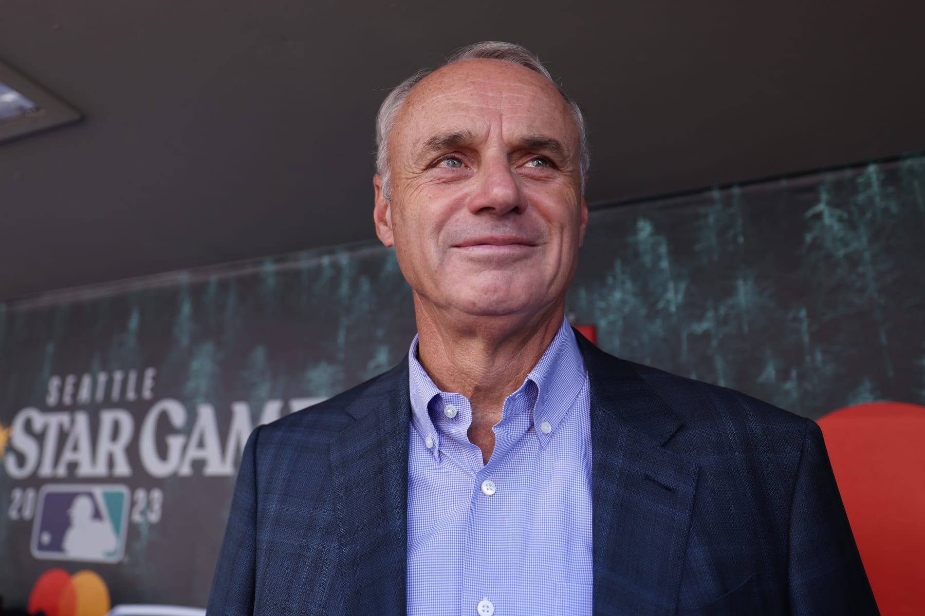 SEATTLE, WASHINGTON - JULY 11: Commissioner of Baseball Robert D. Manfred Jr. speaks to the media prior to the 93rd MLB All-Star Game presented by Mastercard at T-Mobile Park on July 11, 2023 in Seattle, Washington. (Photo by Steph Chambers/Getty Images)