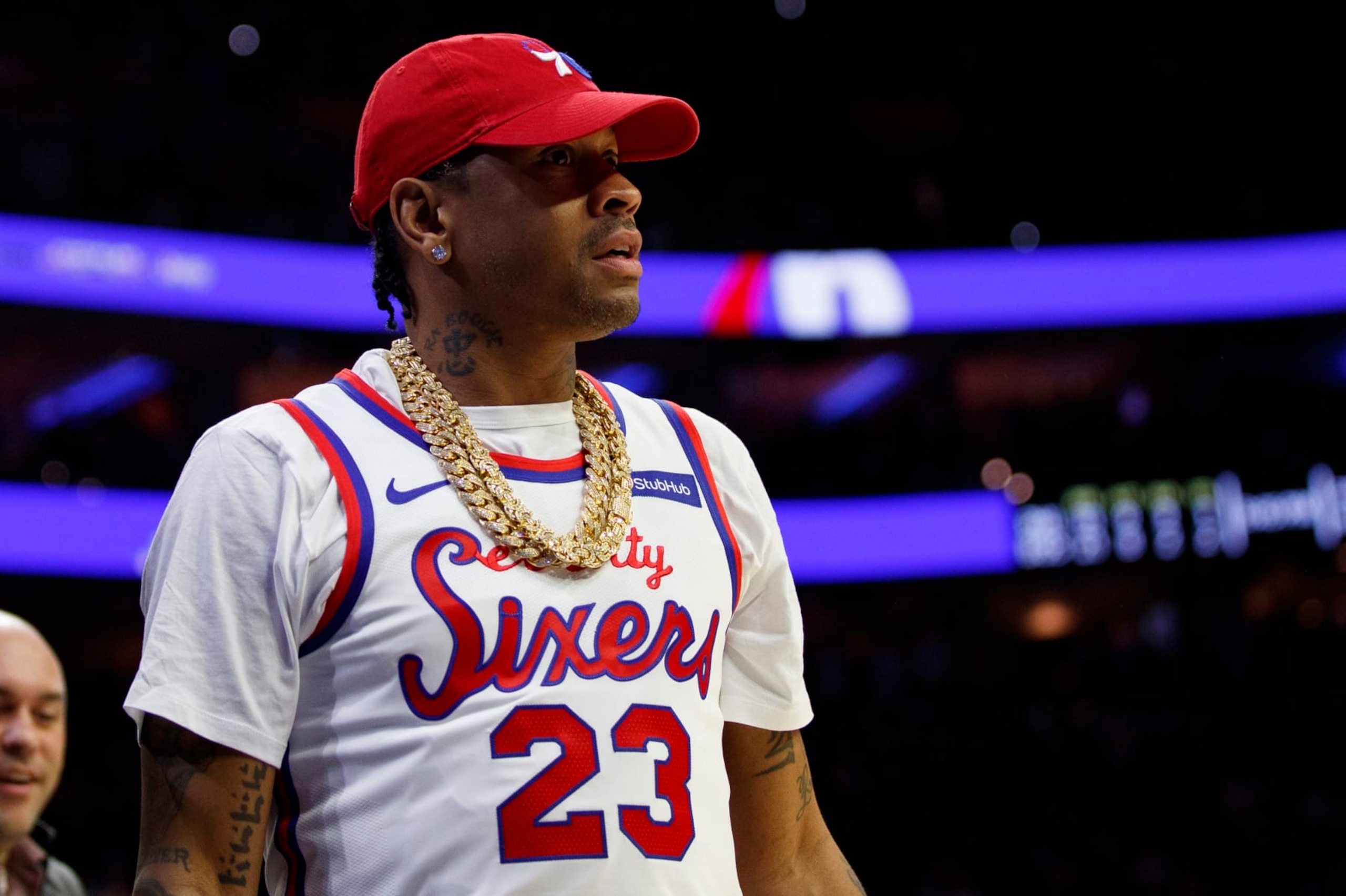 Former 76ers Allen Iverson looks on during the first half of an NBA basketball game against the Boston Celtics, Wednesday, Oct. 23, 2019, in Philadelphia. The 76ers won 107-93. (AP Photo/Chris Szagola)