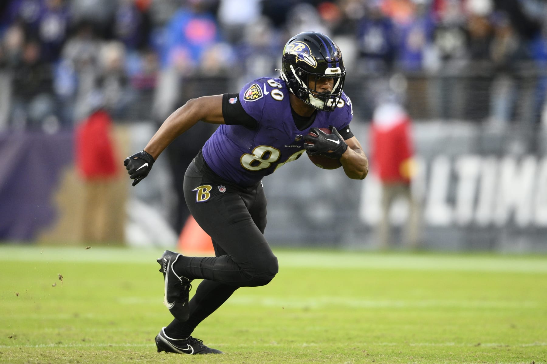 Baltimore Ravens tight end Isaiah Likely (80) in action during the second half of an NFL football game against the Denver Broncos, Sunday, Dec. 4, 2022, in Baltimore. (AP Photo/Nick Wass)