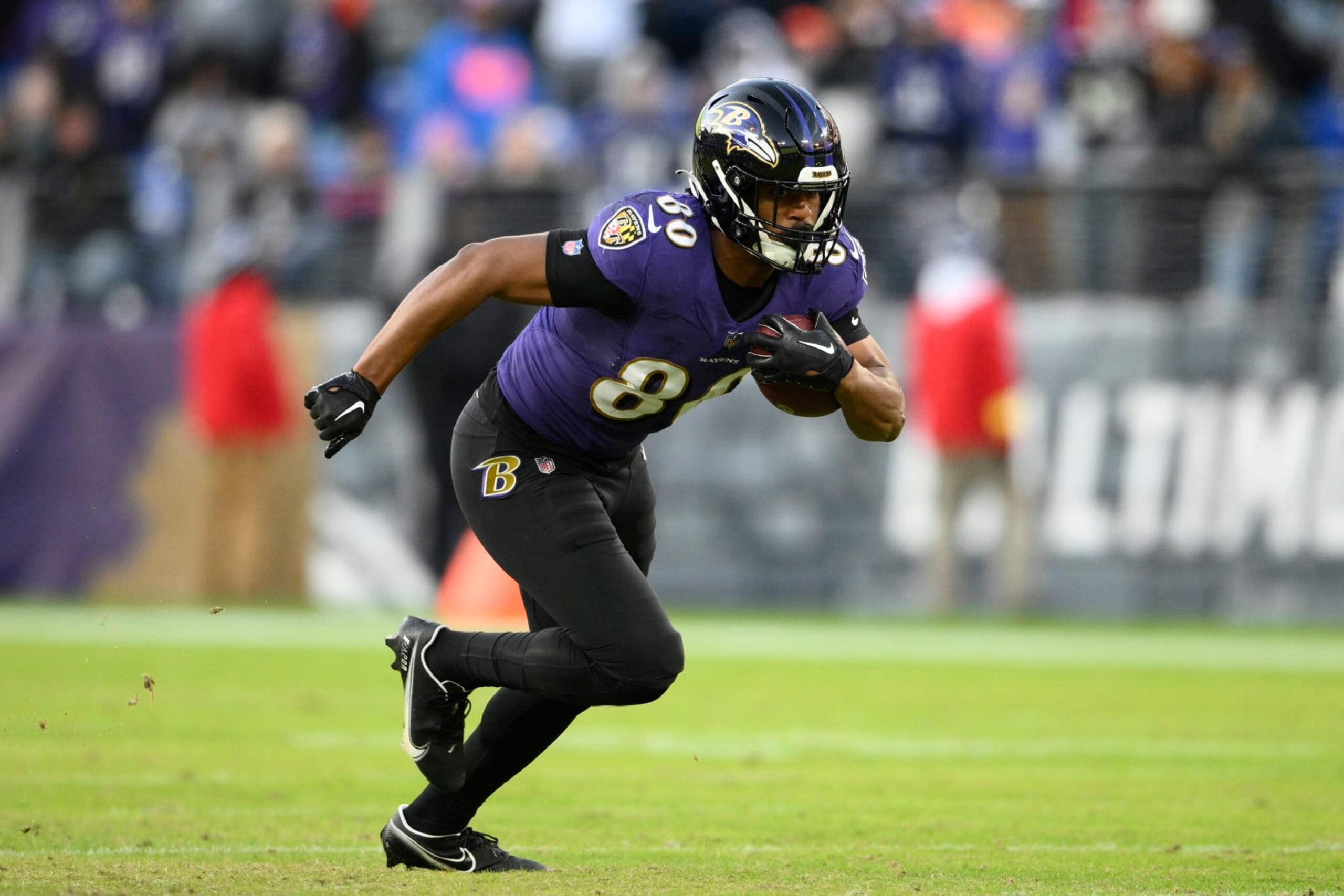 Baltimore Ravens tight end Isaiah Likely (80) in action during the second half of an NFL football game against the Denver Broncos, Sunday, Dec. 4, 2022, in Baltimore. (AP Photo/Nick Wass)