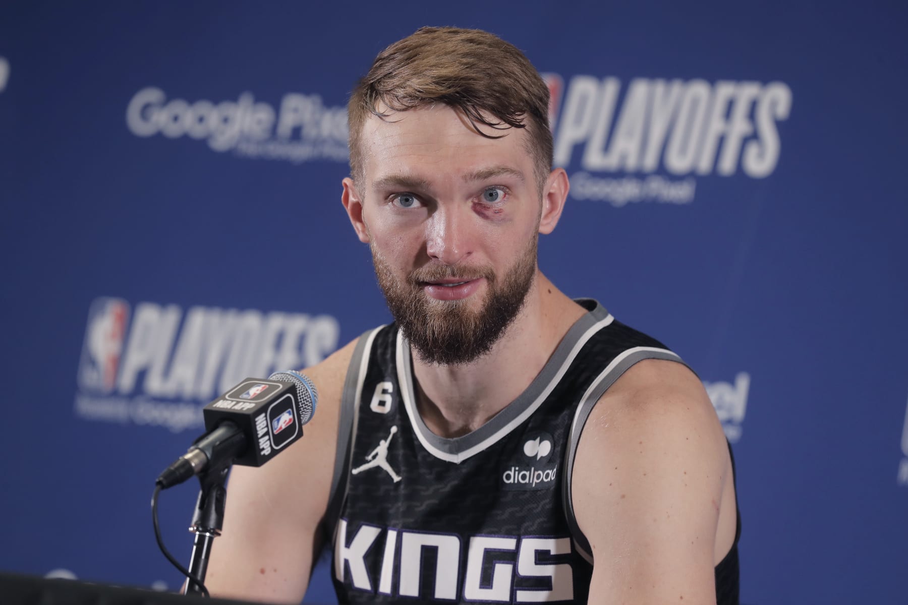 SACRAMENTO, CA - APRIL 30: Domantas Sabonis #10 of the Sacramento Kings speaks at a press conference after the game against the Golden State Warriors during Round 1 Game 7 of the 2023 NBA Playoffs on April 30, 2023 at Golden 1 Center in Sacramento, California. NOTE TO USER: User expressly acknowledges and agrees that, by downloading and or using this photograph, User is consenting to the terms and conditions of the Getty Images Agreement. Mandatory Copyright Notice: Copyright 2023 NBAE (Photo by Rocky Widner/NBAE via Getty Images)