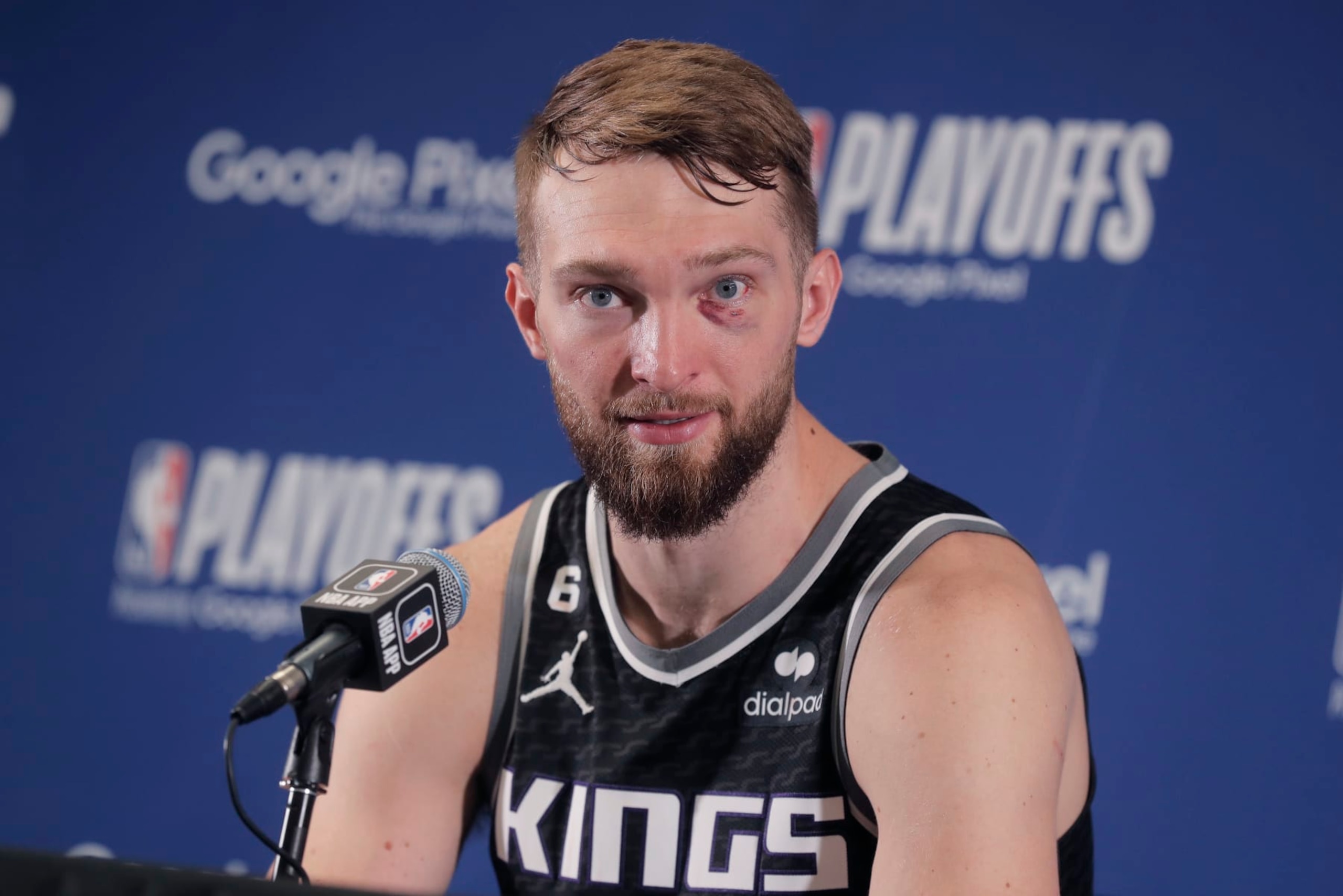 SACRAMENTO, CA - APRIL 30: Domantas Sabonis #10 of the Sacramento Kings speaks at a press conference after the game against the Golden State Warriors during Round 1 Game 7 of the 2023 NBA Playoffs on April 30, 2023 at Golden 1 Center in Sacramento, California. NOTE TO USER: User expressly acknowledges and agrees that, by downloading and or using this photograph, User is consenting to the terms and conditions of the Getty Images Agreement. Mandatory Copyright Notice: Copyright 2023 NBAE (Photo by Rocky Widner/NBAE via Getty Images)