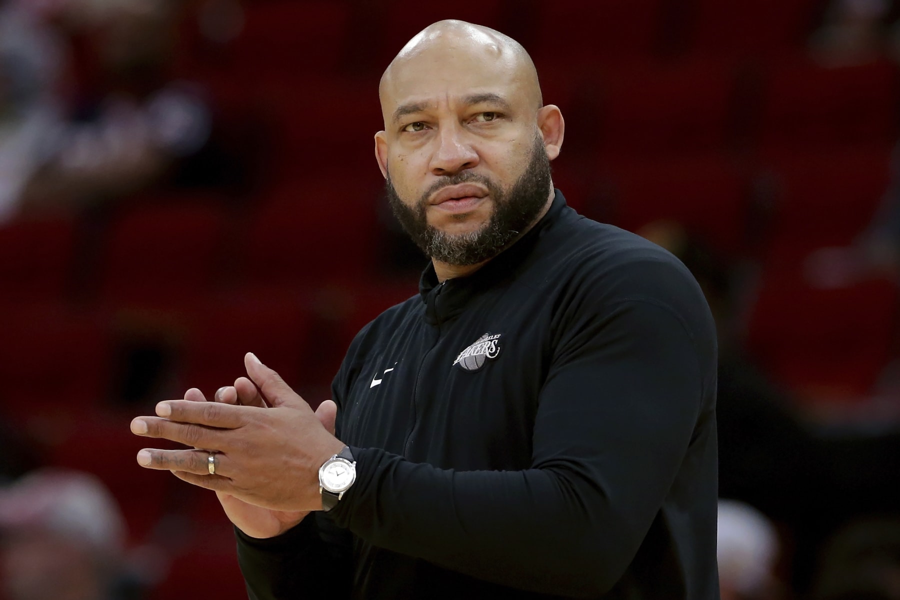 Los Angeles Lakers Darvin Ham during the first half of an NBA basketball game against the Houston Rockets Wednesday, March 15, 2023, in Houston. (AP Photo/Michael Wyke)