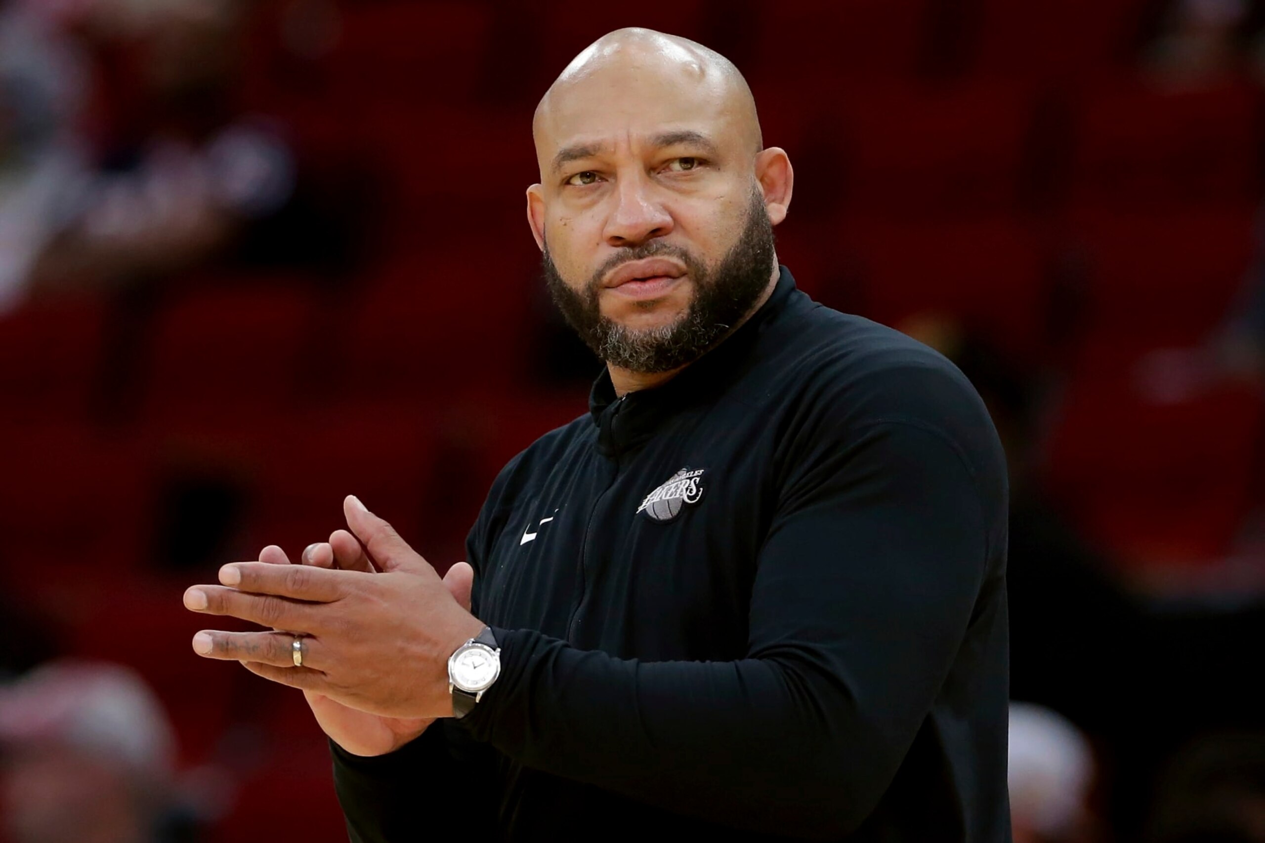 Los Angeles Lakers Darvin Ham during the first half of an NBA basketball game against the Houston Rockets Wednesday, March 15, 2023, in Houston. (AP Photo/Michael Wyke)
