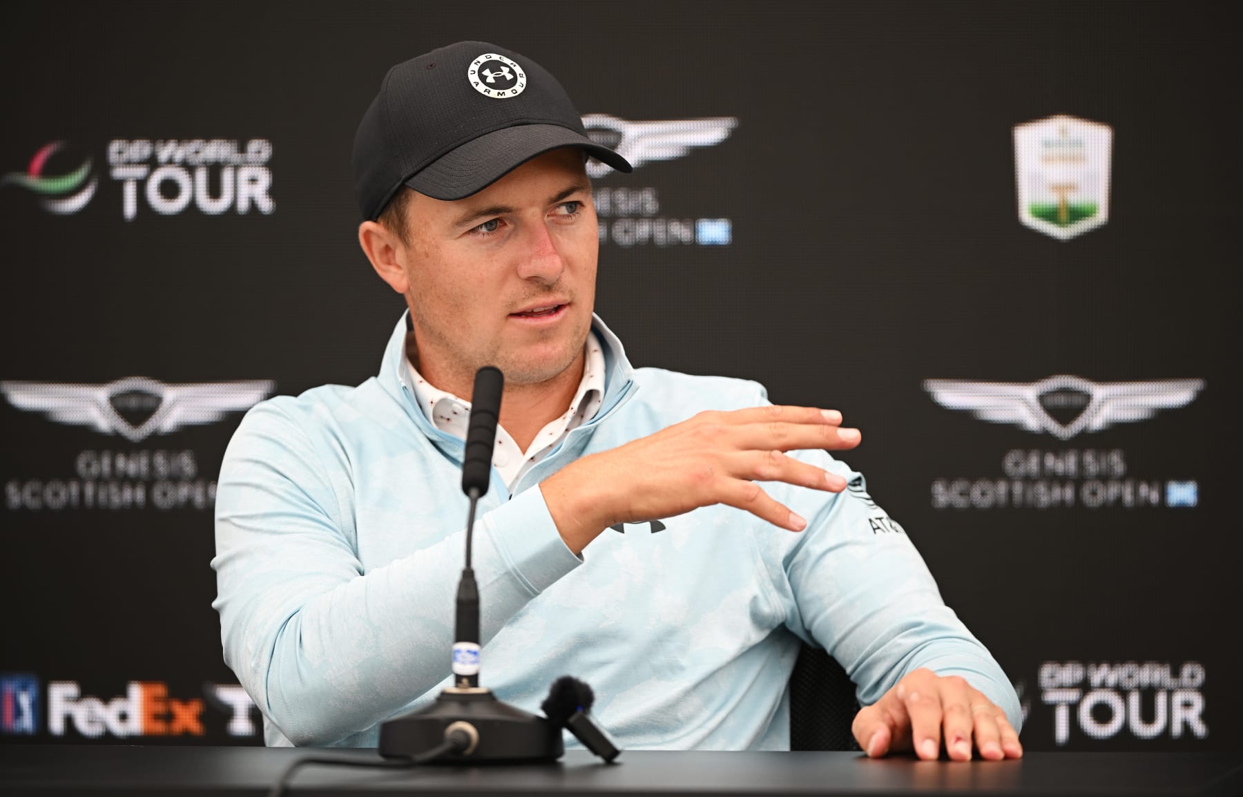 NORTH BERWICK, SCOTLAND - JULY 12: Jordan Spieth of the United States talks to the media during a press conference prior to the Genesis Scottish Open at The Renaissance Club on July 12, 2023 in United Kingdom. (Photo by Octavio Passos/Getty Images)