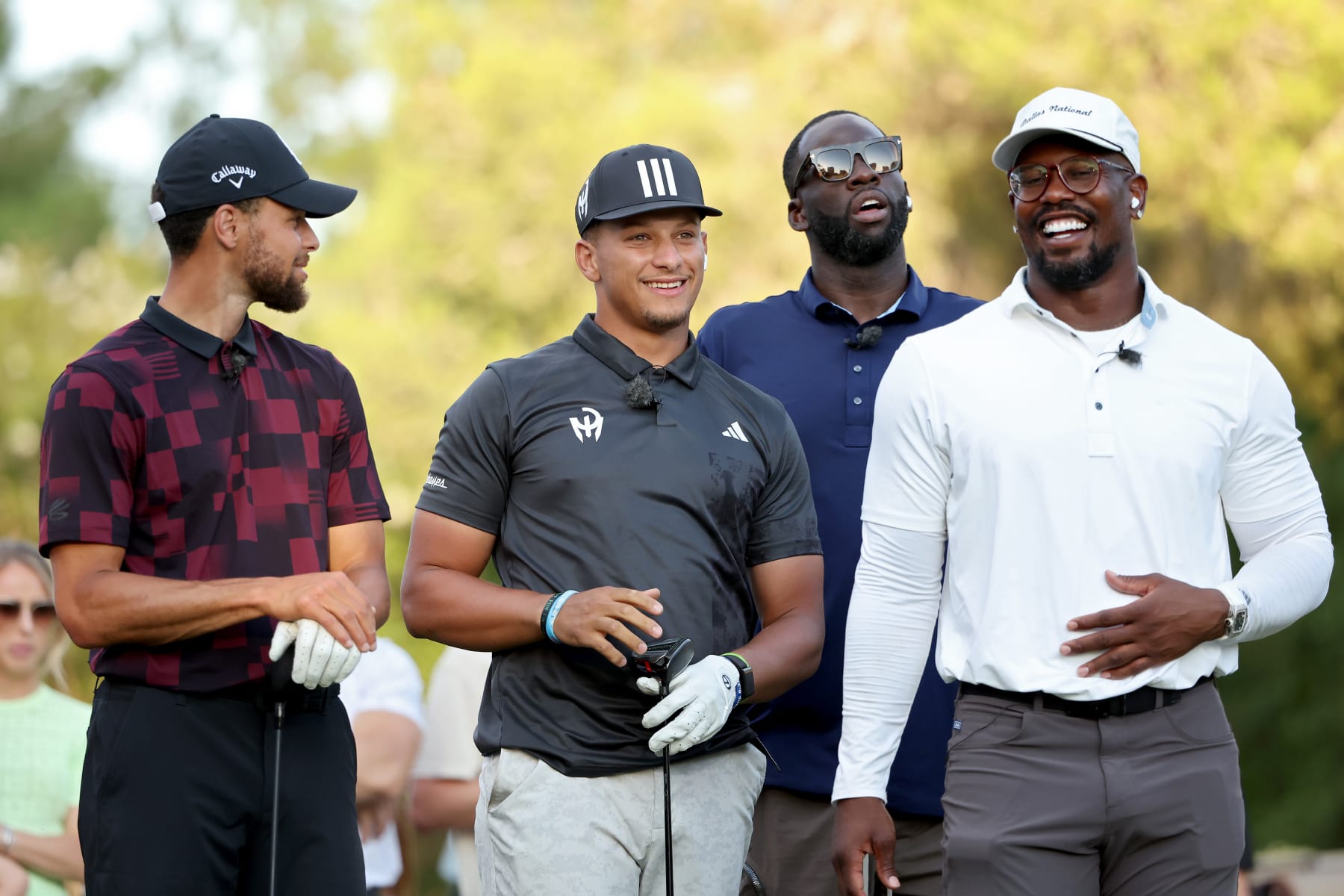 LAS VEGAS, NEVADA - JUNE 29: (L-R) Stephen Curry, Patrick Mahomes, Draymond Green, and Von Miller meet during Capital One's The Match VIII - Curry & Thompson vs. Mahomes & Kelce at Wynn Golf Club on June 29, 2023 in Las Vegas, Nevada. (Photo by Ezra Shaw/Getty Images for The Match)