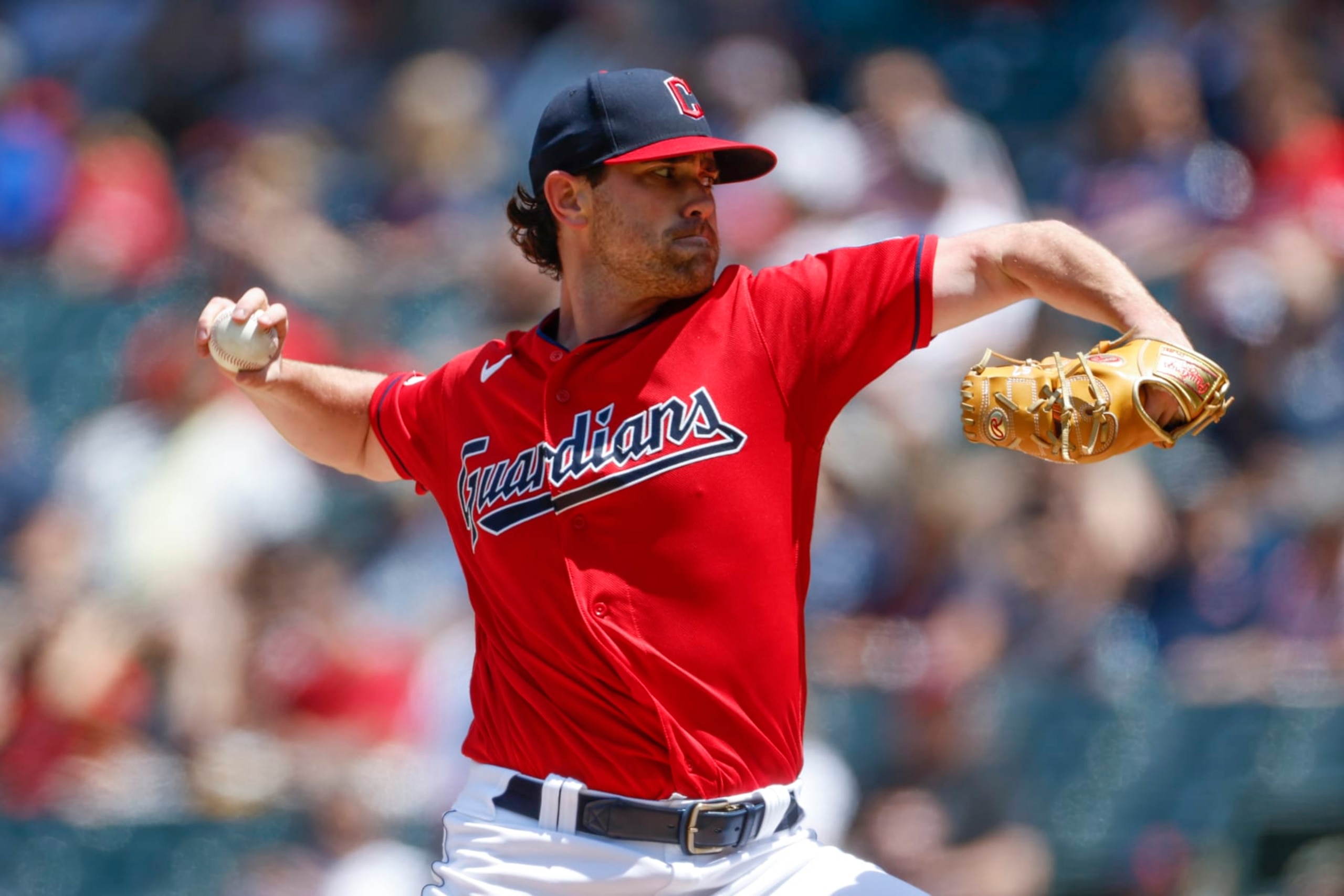 CLEVELAND, OH - JULY 09: Shane Bieber #57 of the Cleveland Guardians pitches against the Kansas City Royals during the first inning at Progressive Field on July 09, 2023 in Cleveland, Ohio. (Photo by Ron Schwane/Getty Images)